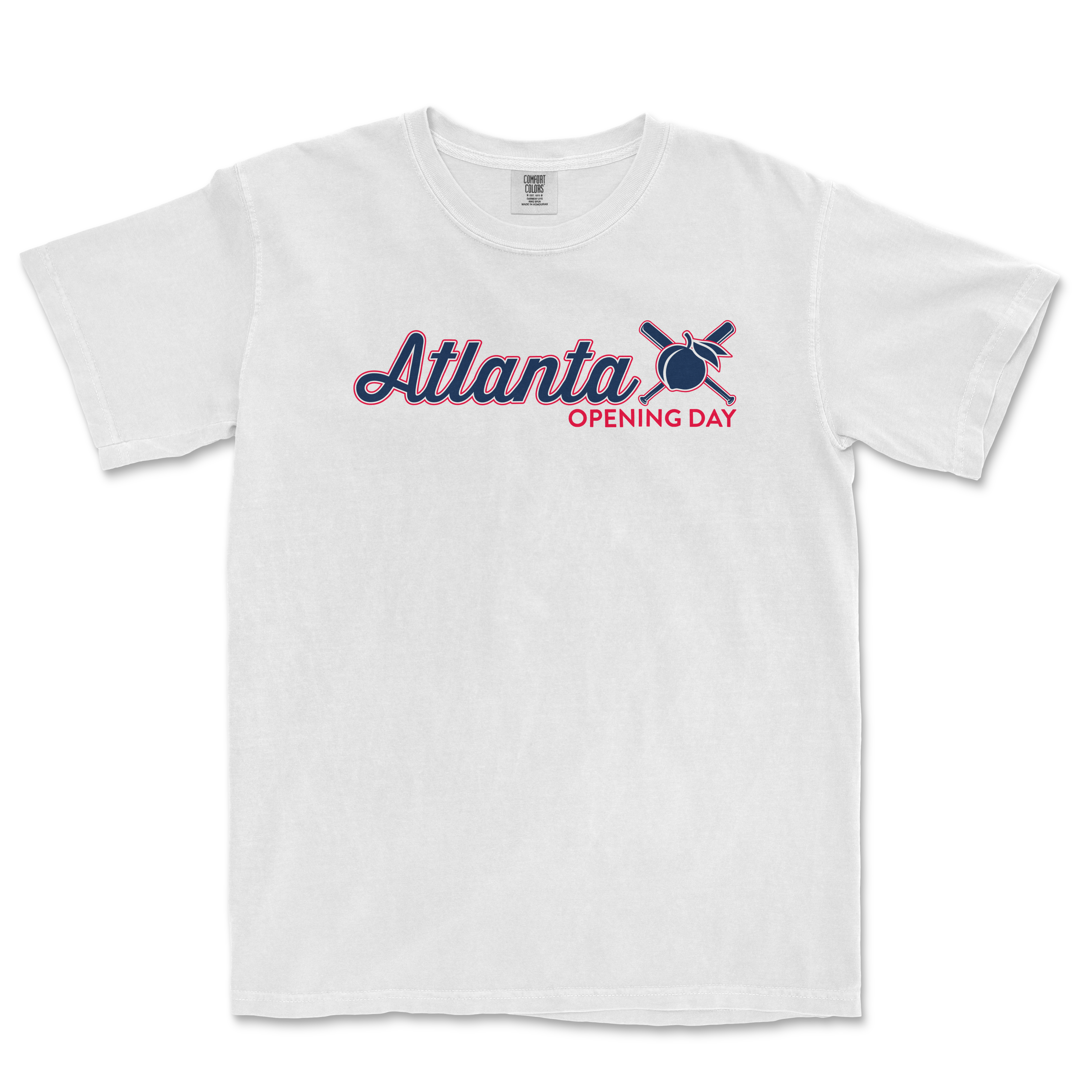 White Comfort Colors tee featuring "Atlanta Opening Day" text with a baseball bat and ball graphic in navy and red.