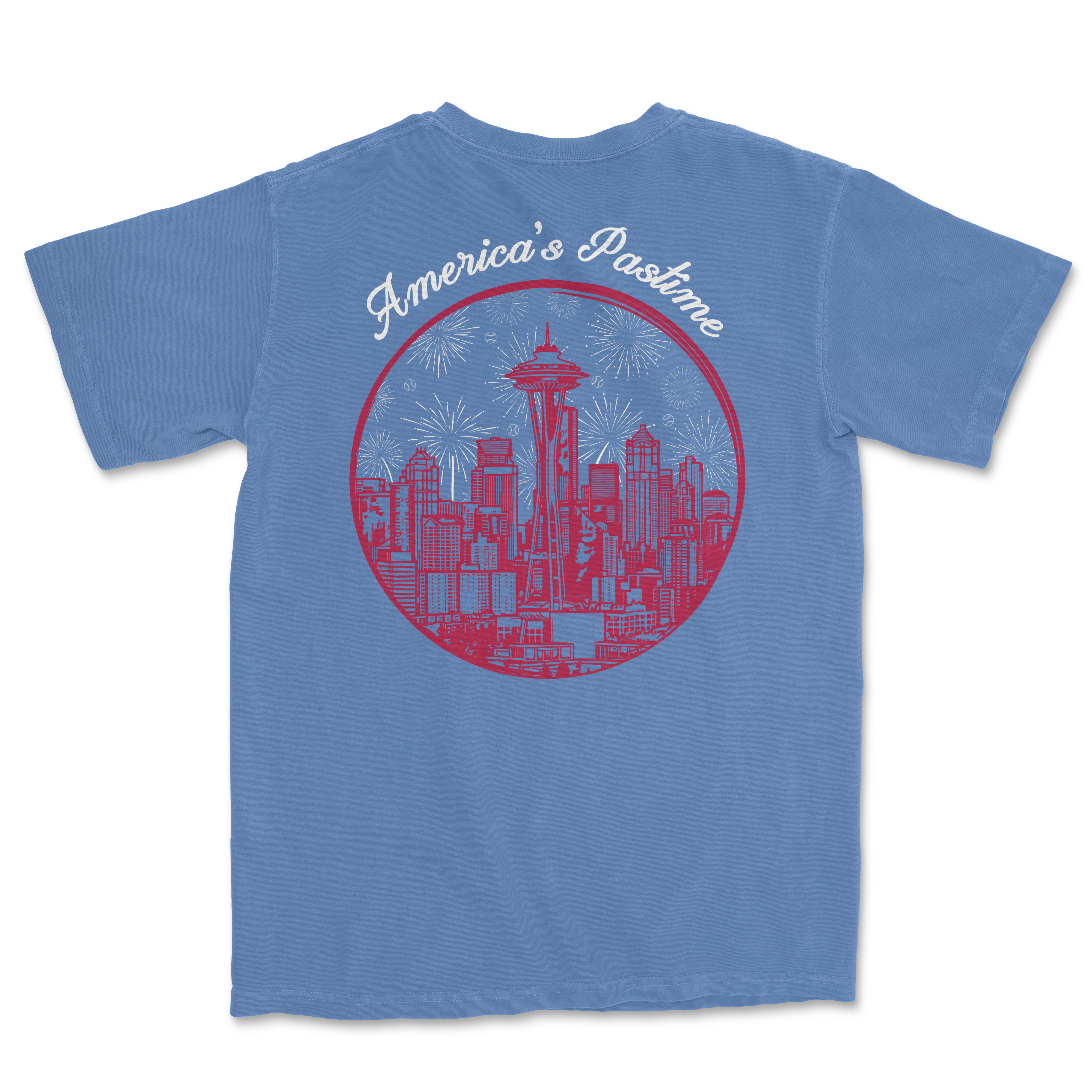 Blue t-shirt featuring a graphic of Seattle's skyline with "America's Pastime" text and fireworks design.