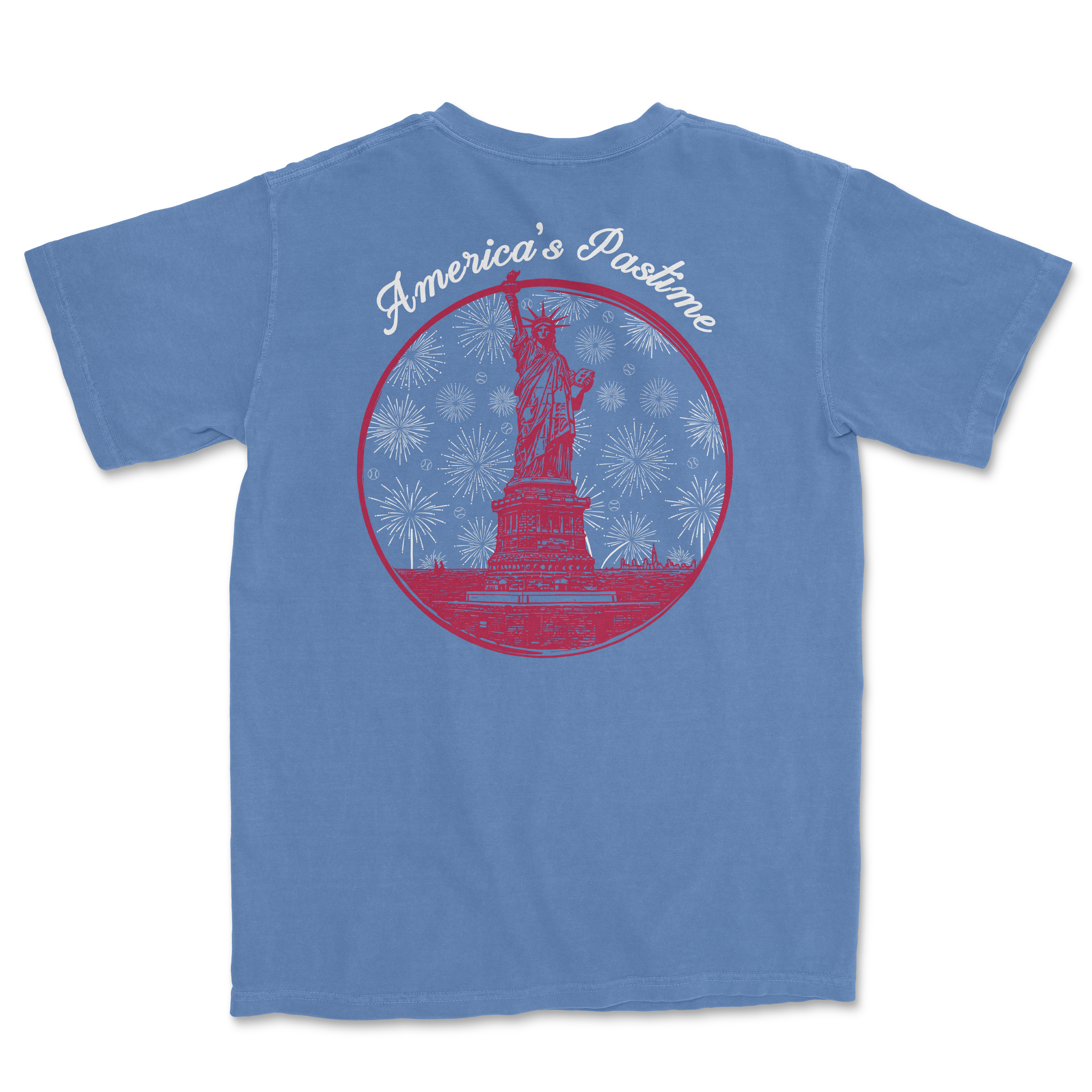 Blue t-shirt featuring a graphic of the Statue of Liberty with the text "America's Pastime" in a circular design.