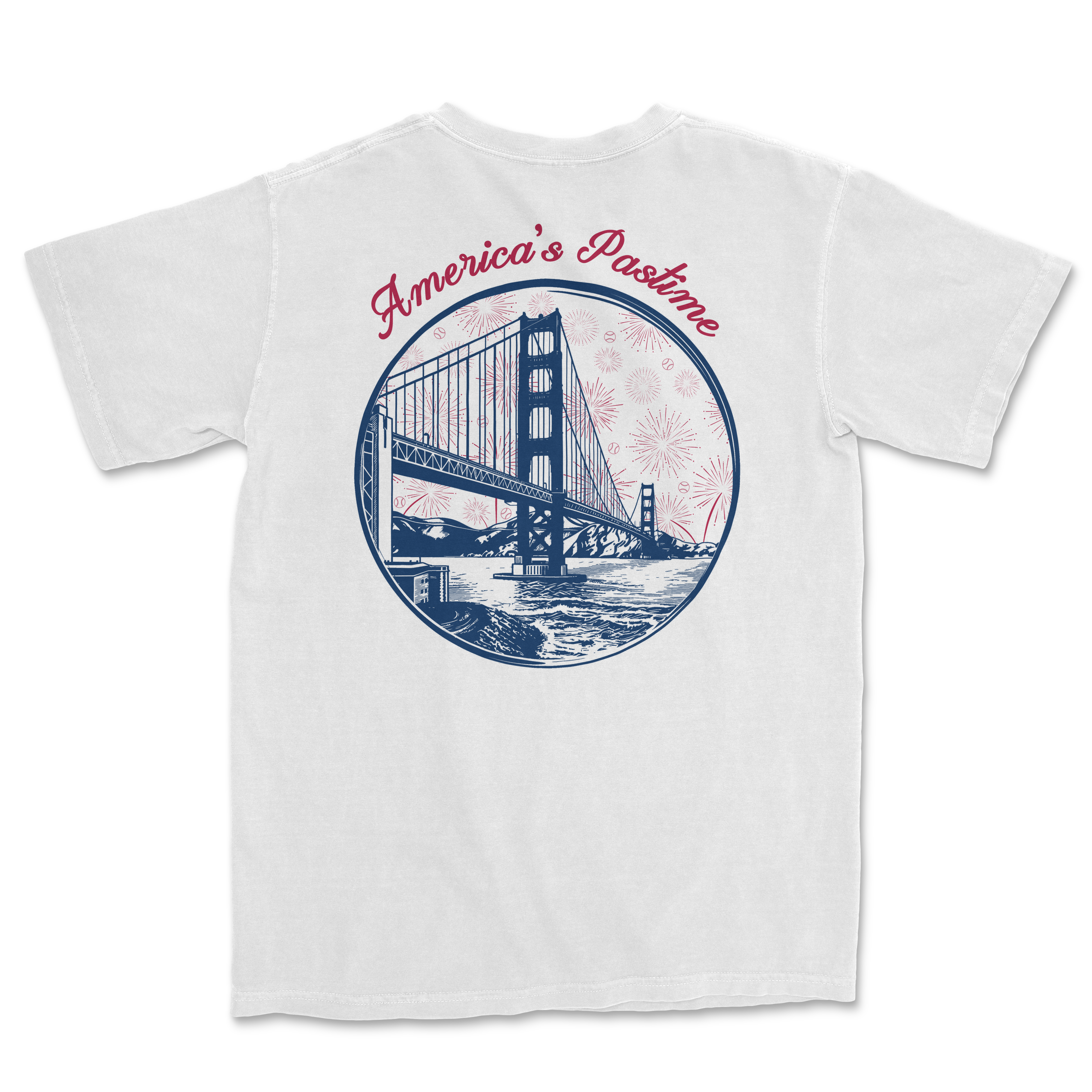 White t-shirt featuring a graphic of the Golden Gate Bridge with "America's Pastime" text and fireworks design.