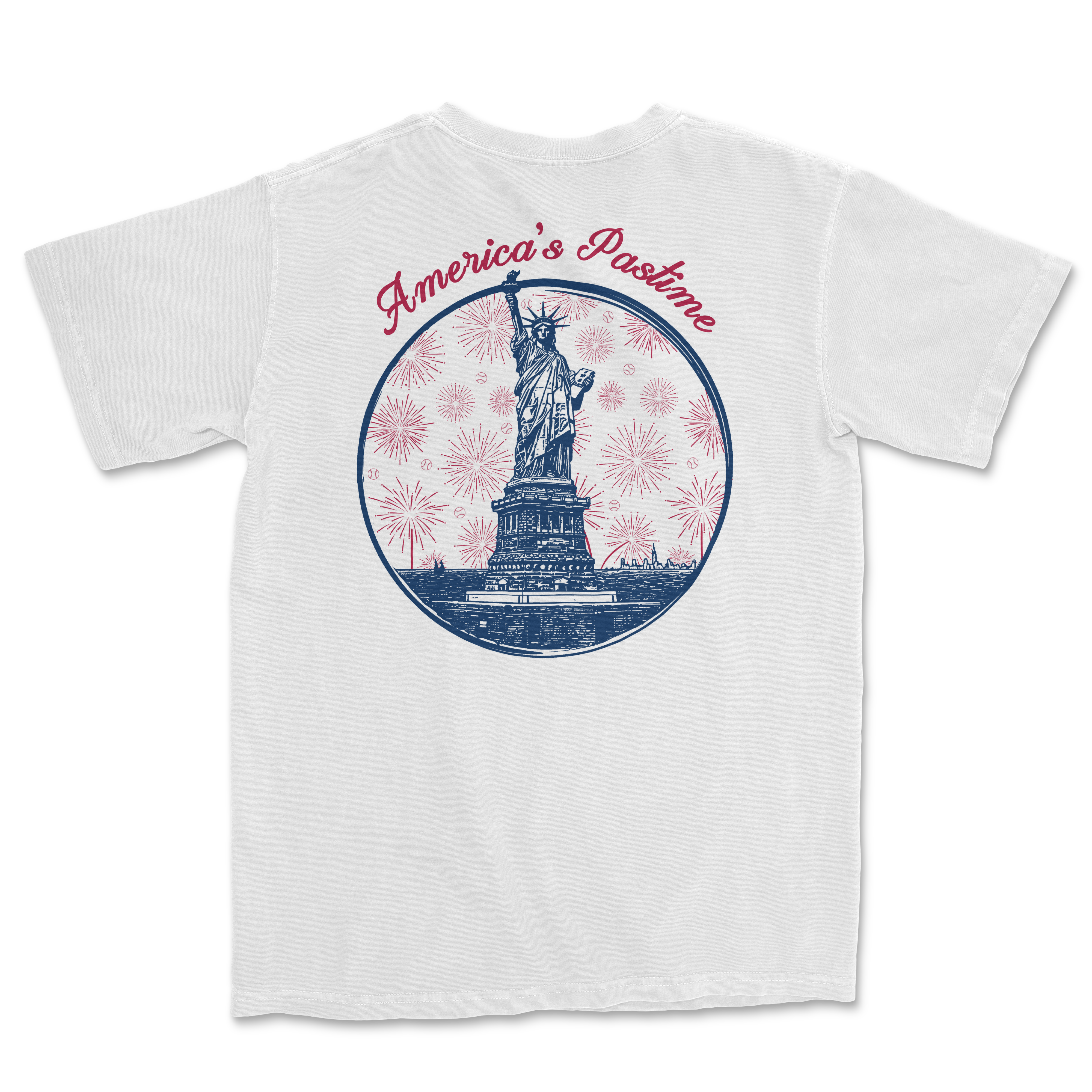 White t-shirt featuring a graphic of the Statue of Liberty with "America's Pastime" text and fireworks design.