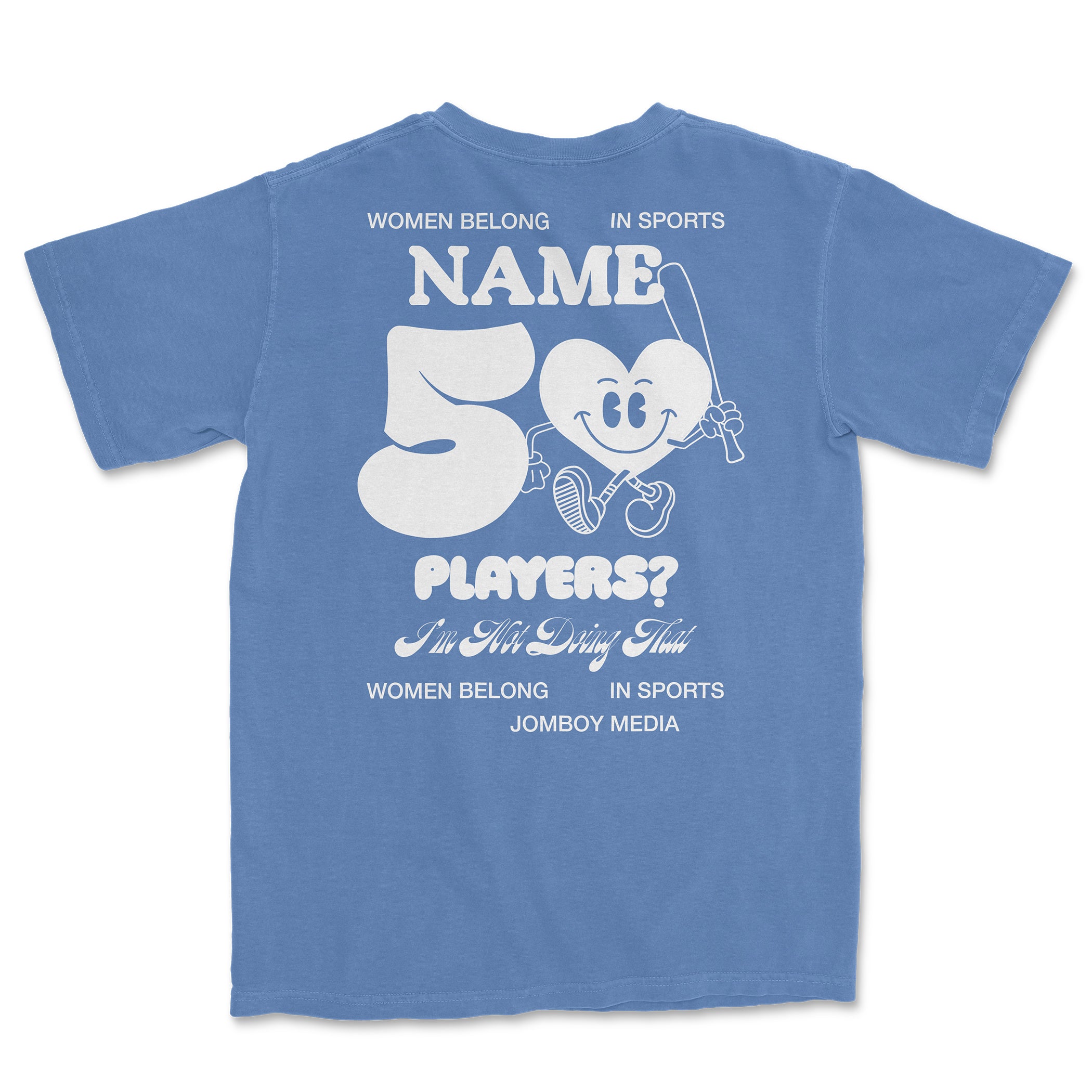 Blue Comfort Colors T-shirt with white text and a cartoon heart character holding a fishing rod, featuring playful sports-themed design.