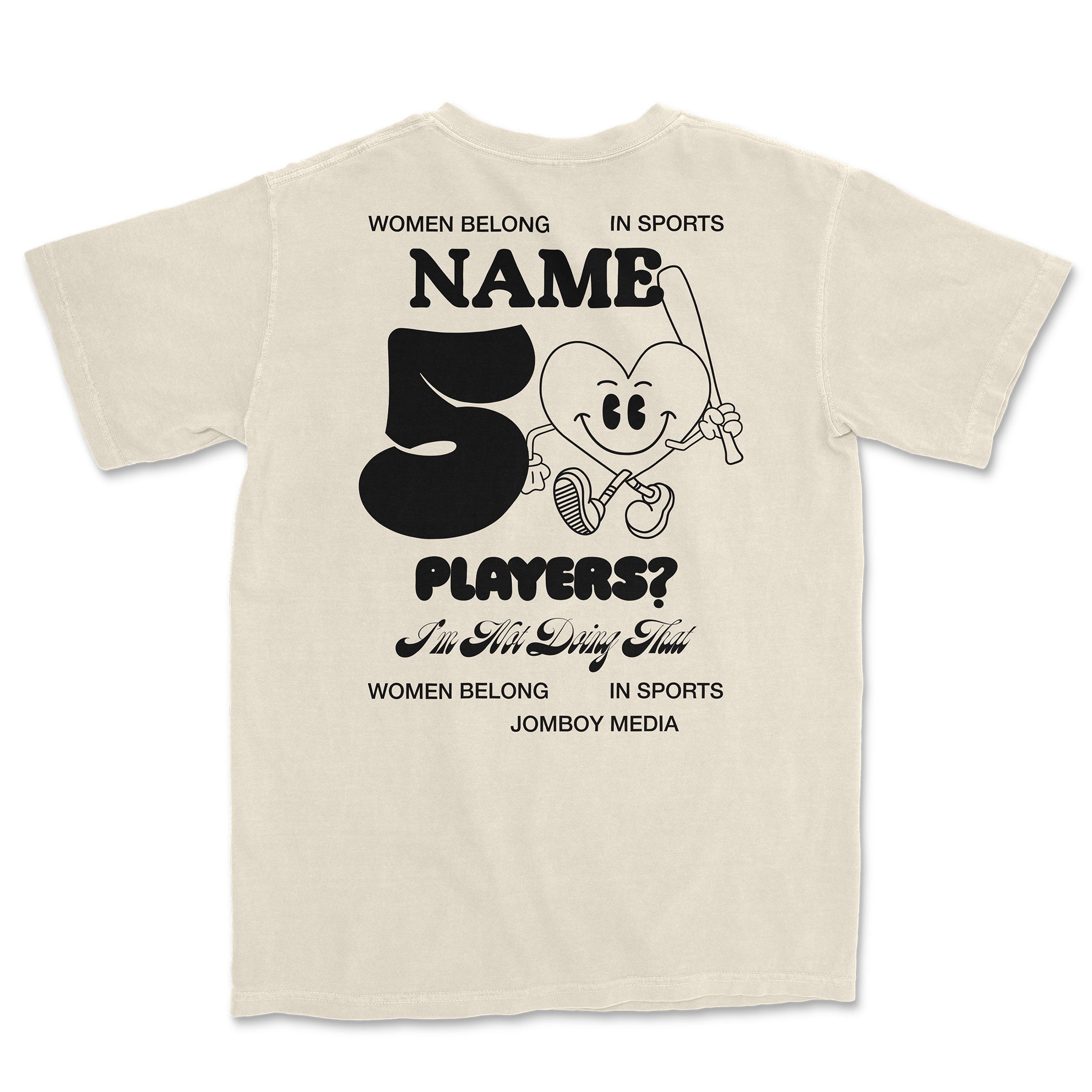 Beige Comfort Colors T-shirt with black text and a cartoon heart character holding a baseball bat, featuring playful sports-themed design.