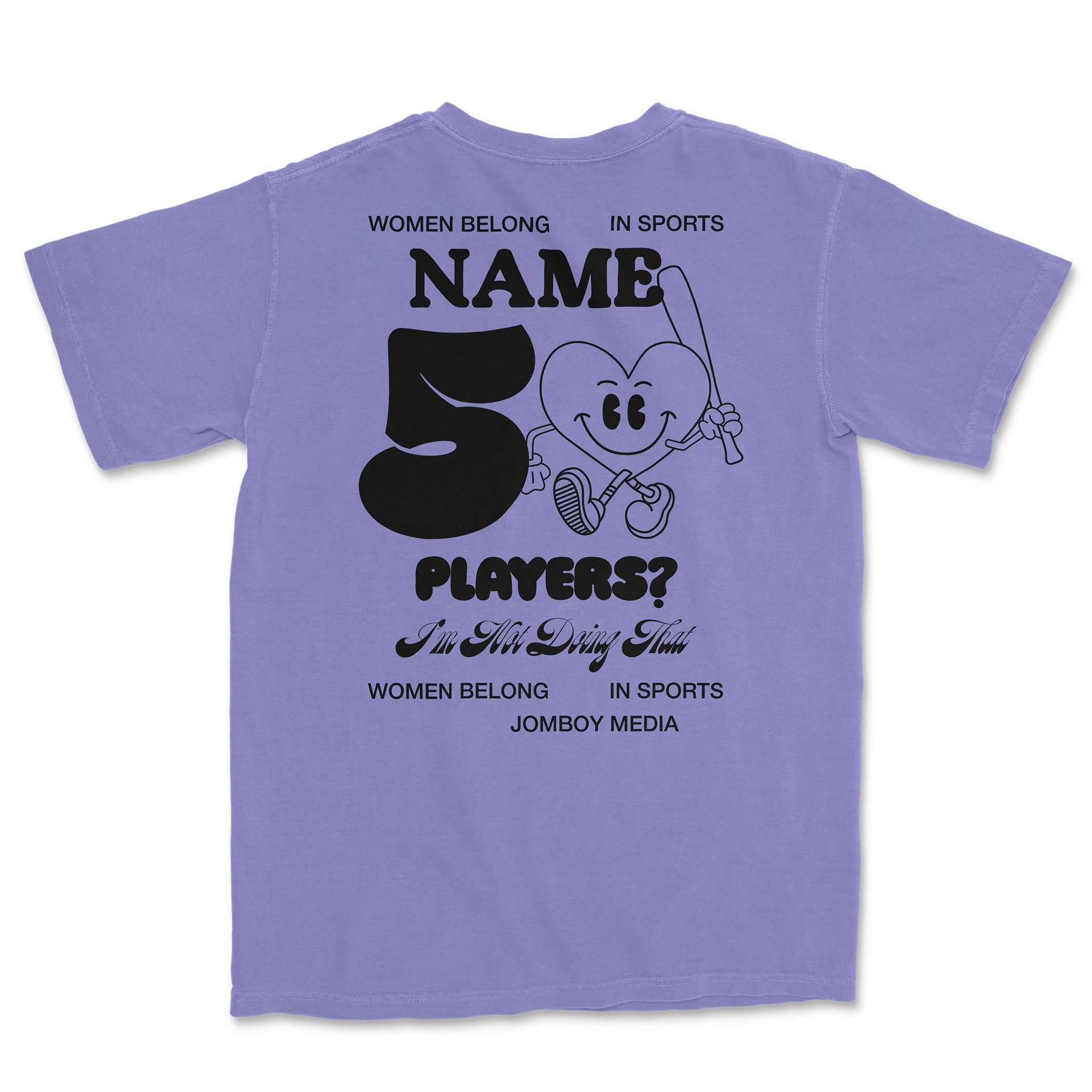 Lavender Comfort Colors T-shirt featuring a playful cartoon heart character holding a golf club, with customizable text and bold graphics.