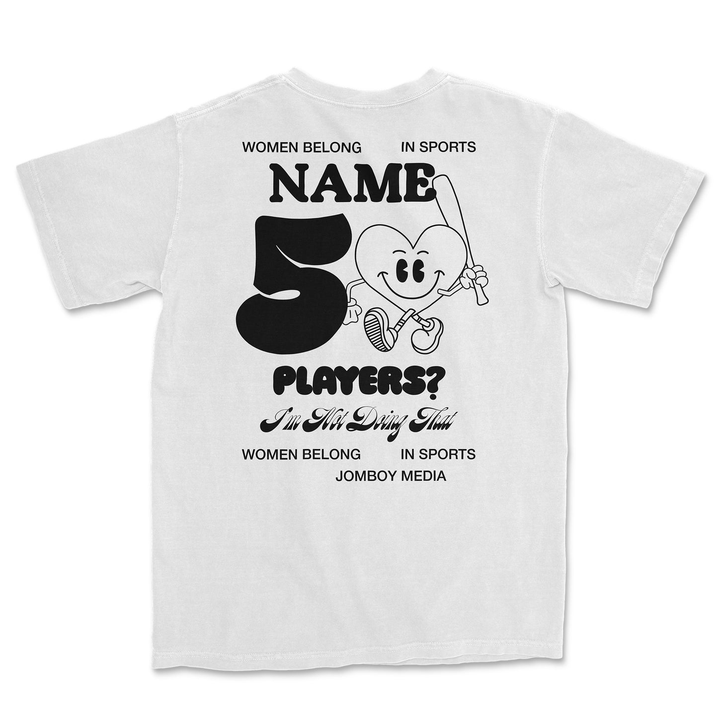 White Comfort Colors T-shirt with black text and a cartoon heart character holding a baseball bat, featuring playful sports-themed design.