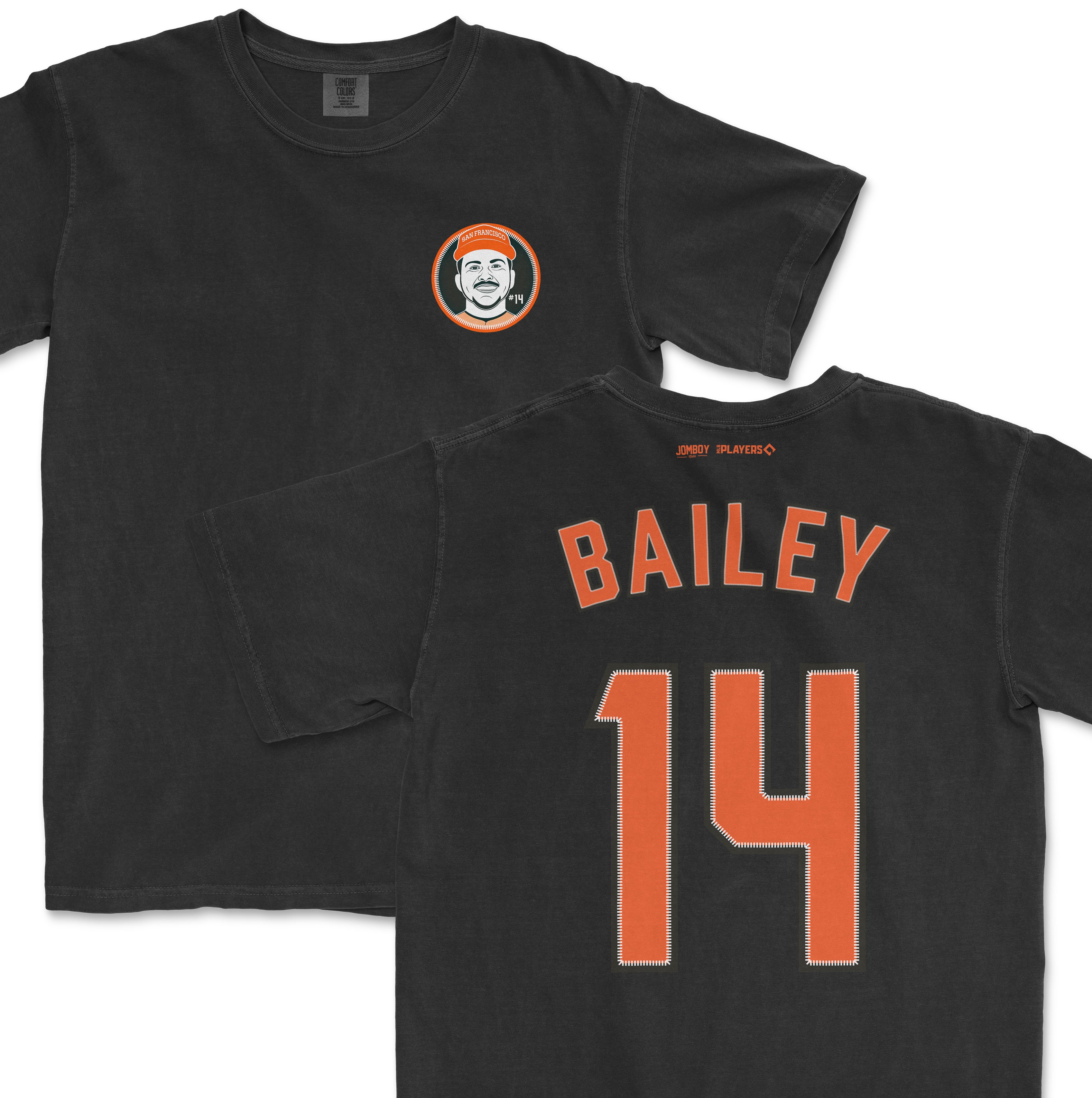 Black Patrick Bailey Shirsey with his name and number 14 on the back, and a circular logo featuring his face on the front.