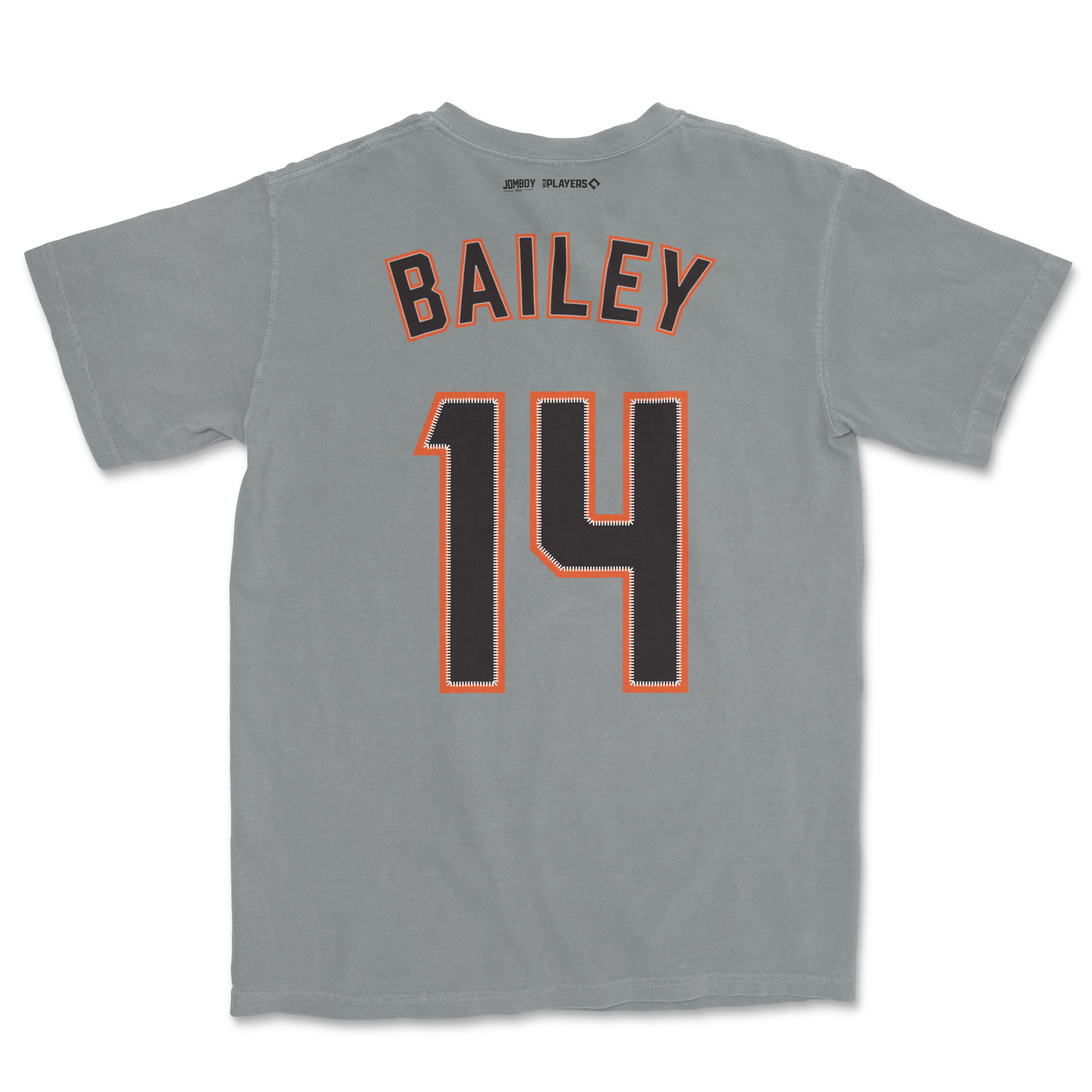 Gray Patrick Bailey jersey with black and orange outlined name and number 14 on the back.