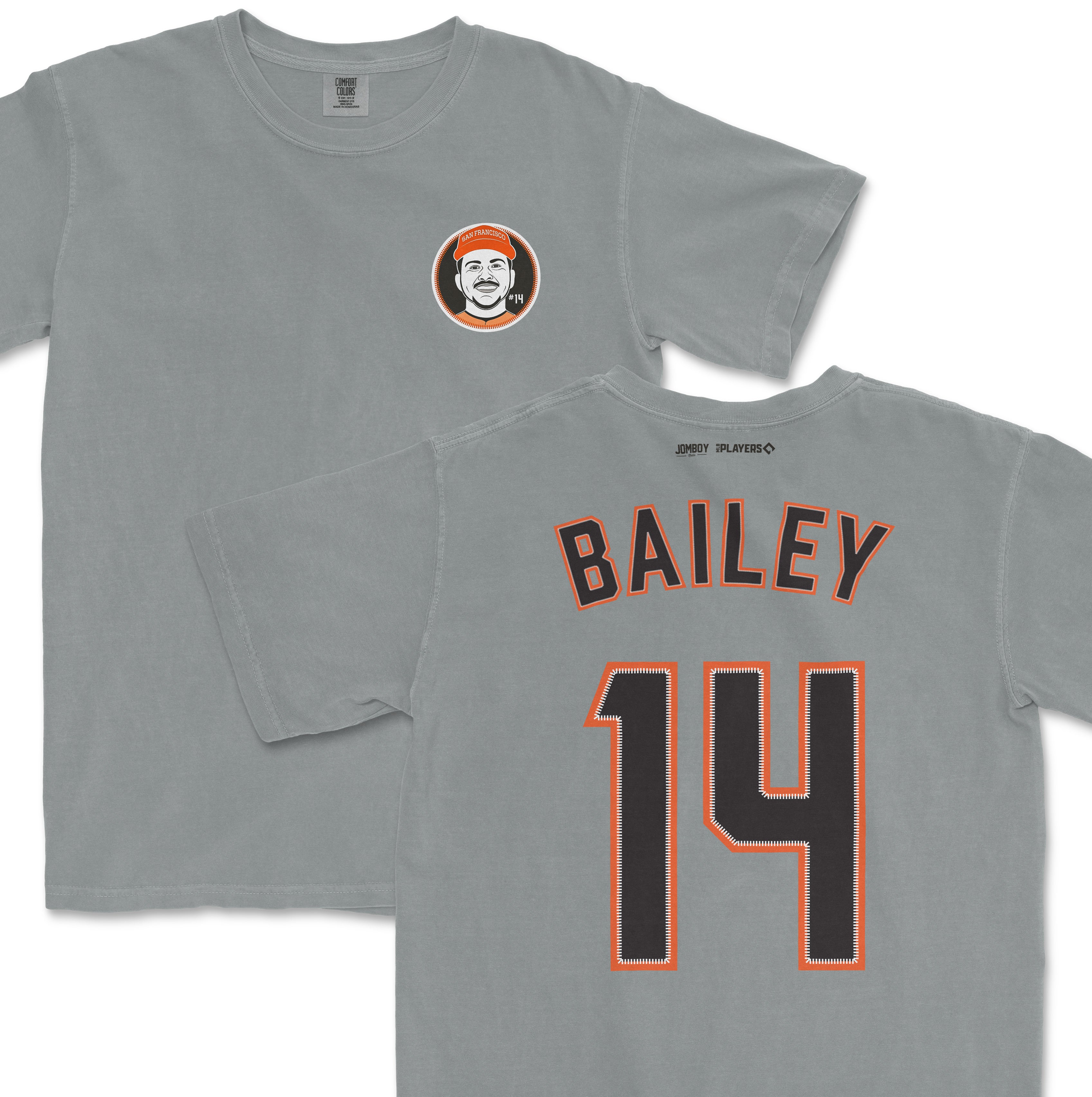 Gray Patrick Bailey jersey featuring his name and number 14 on the back, and a circular logo with his face on the front.
