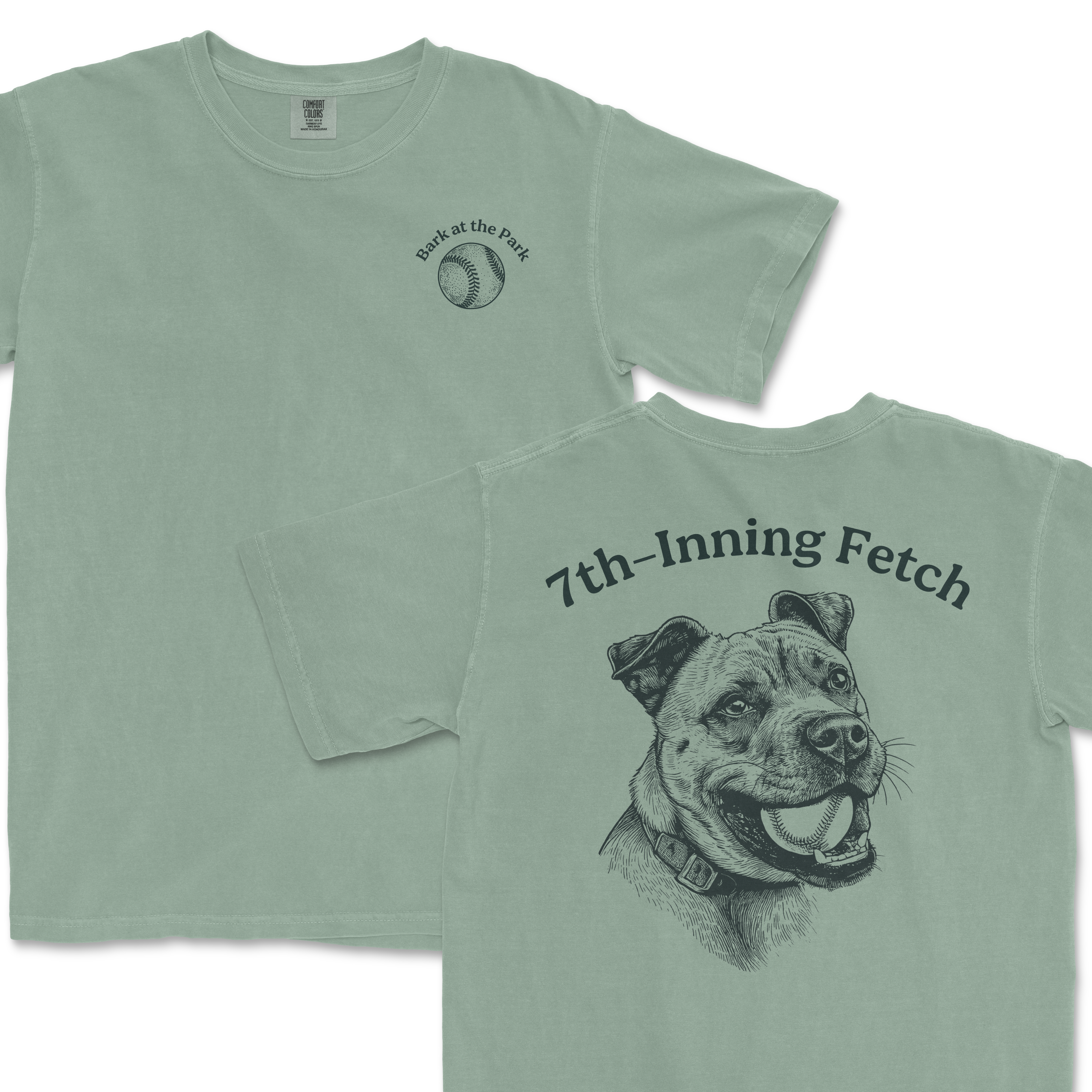 Light green Comfort Colors T-shirt featuring a baseball and "Bark at the Park" text on the front, and a detailed illustration of a happy pitbull with "7th-Inning Fetch" text on the back.