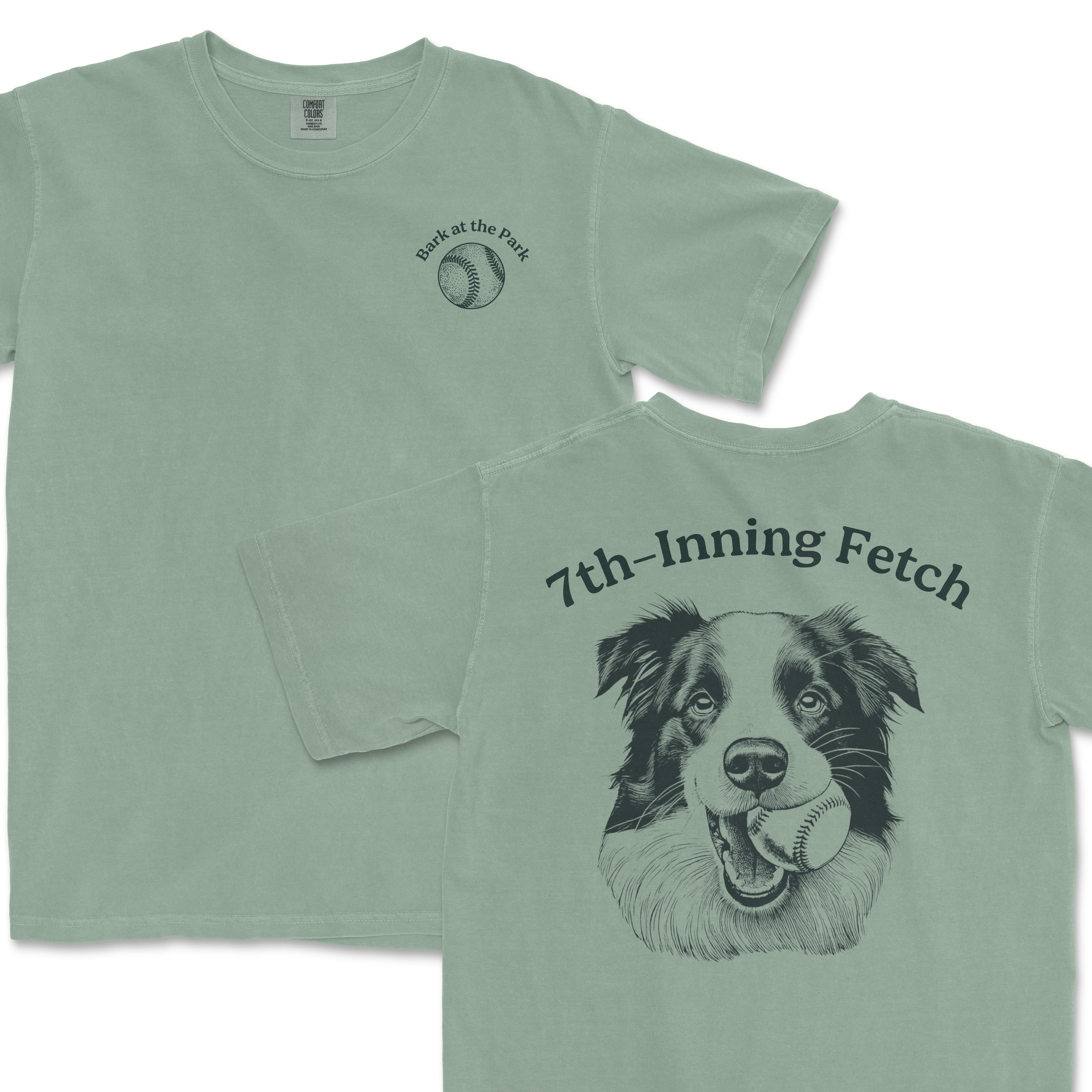 Light green Comfort Colors T-shirt featuring a dog with a baseball in its mouth and the text "7th-Inning Fetch" on the back.