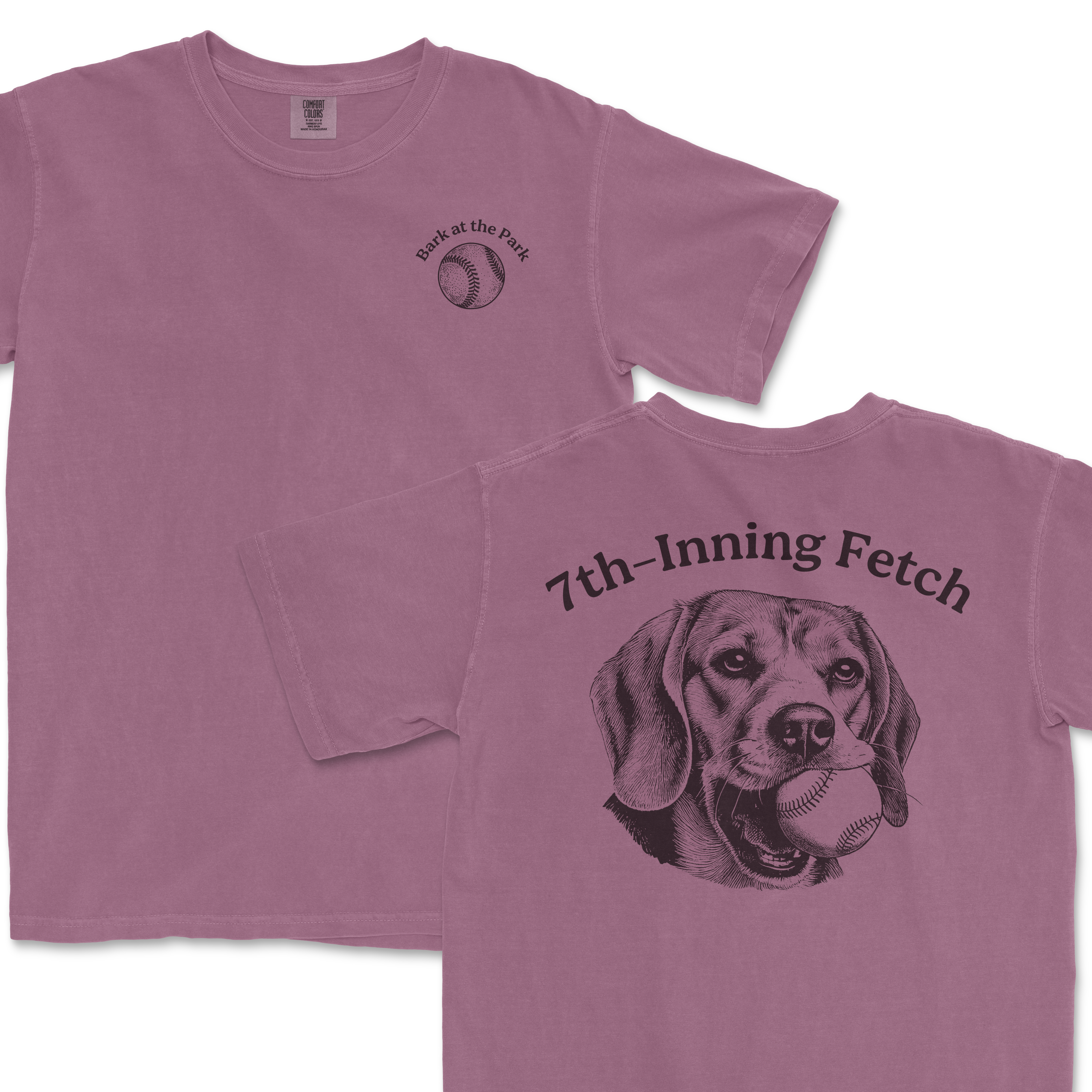 Pink Comfort Colors T-shirt featuring a dog with a baseball in its mouth and the text "7th-Inning Fetch" on the back and front.