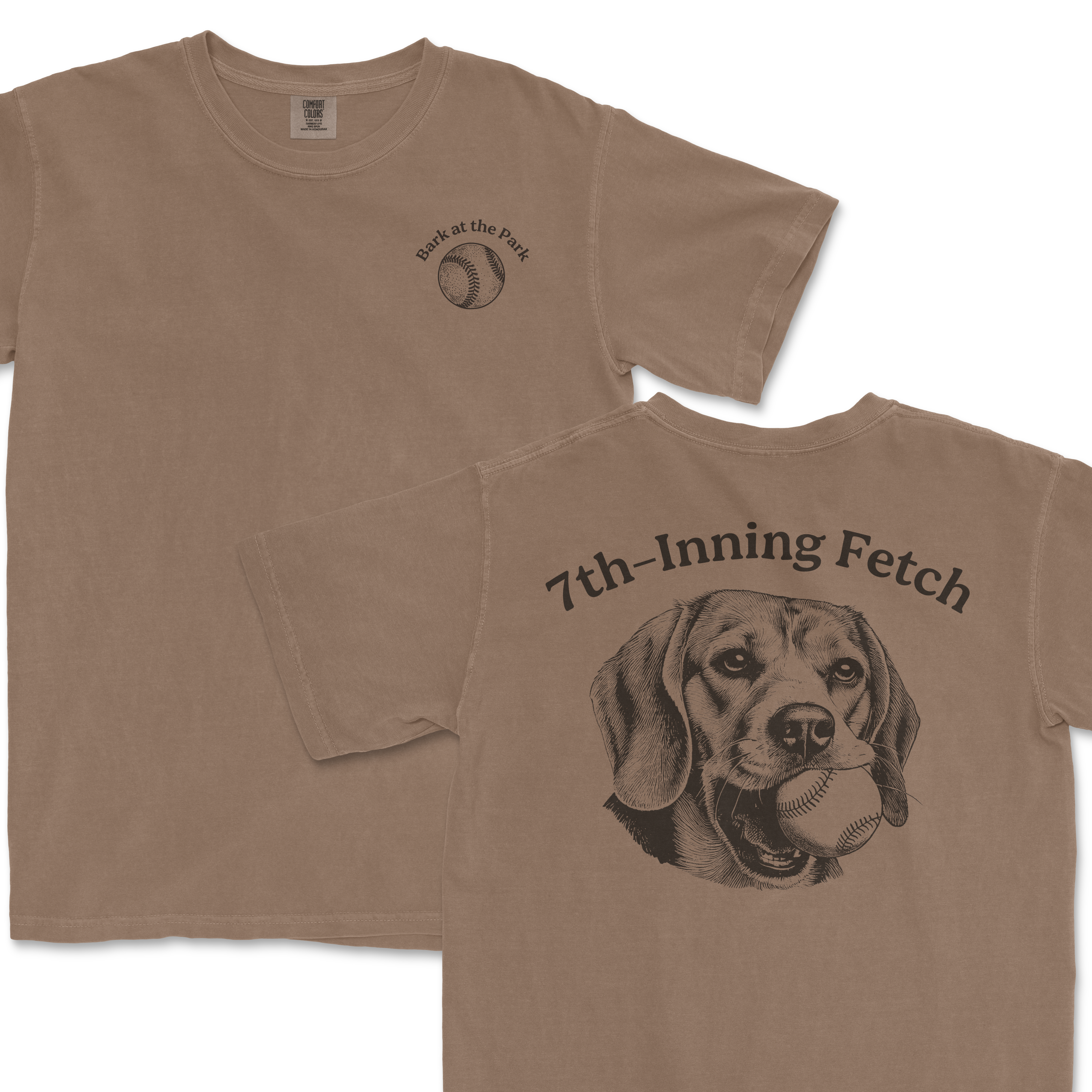 Beige Comfort Colors T-shirt featuring a dog holding a baseball with "7th-Inning Fetch" text and a small baseball graphic on the front.