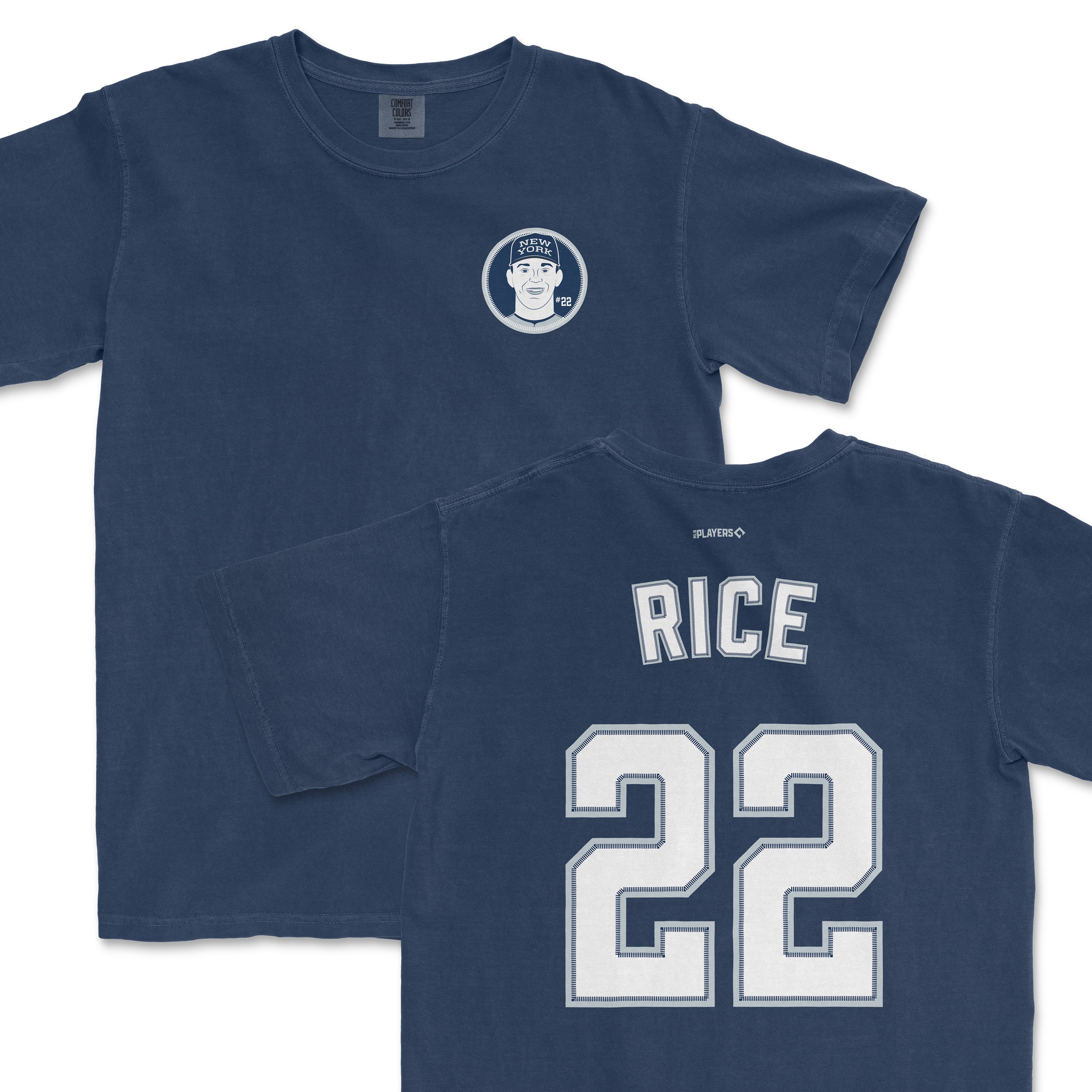 Ben Rice Shirsey featuring a navy blue design with a front logo and "RICE 22" printed on the back. Perfect for fans.