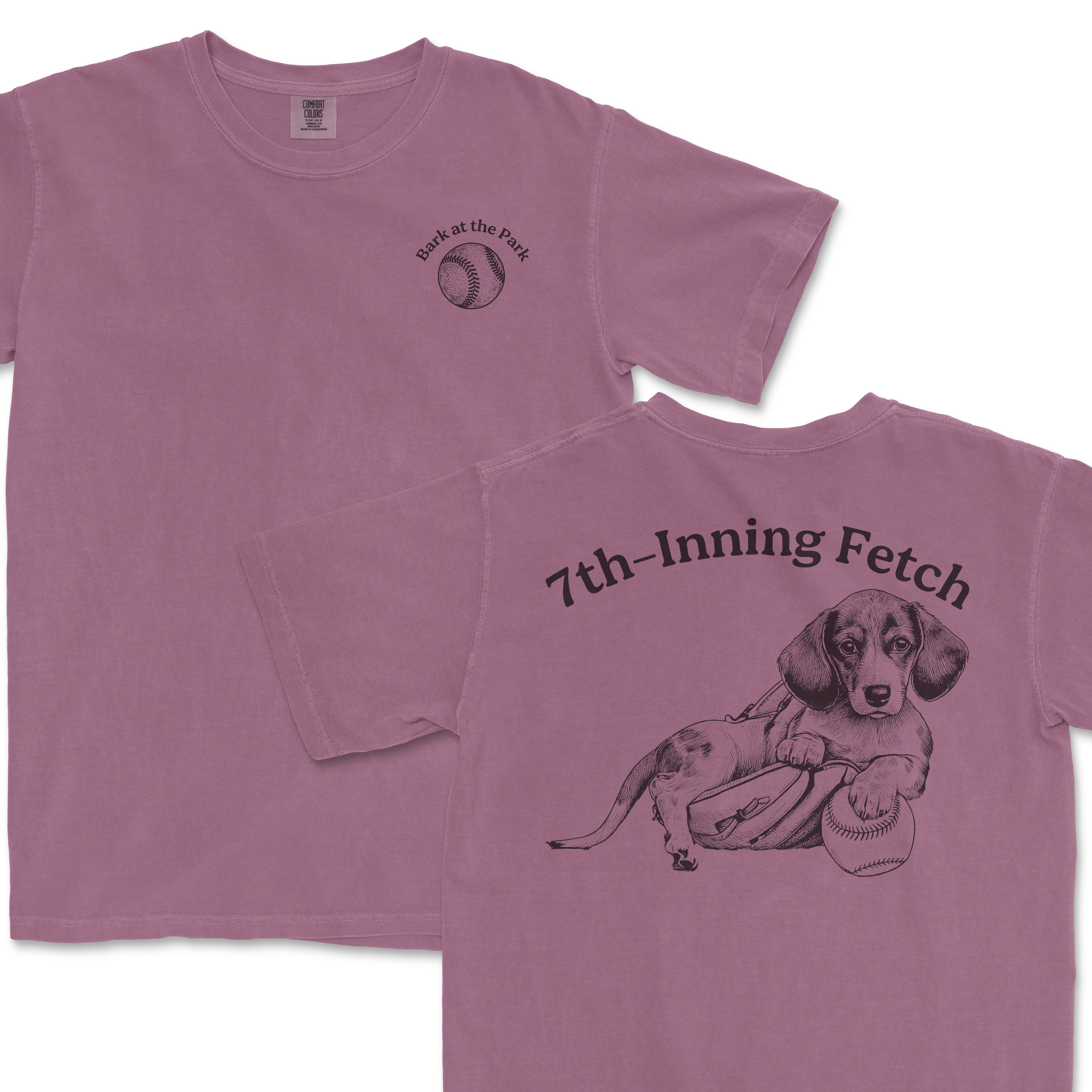 Pink Comfort Colors T-shirt featuring a dachshund with a baseball, and the text "7th-Inning Fetch" on the front and back.