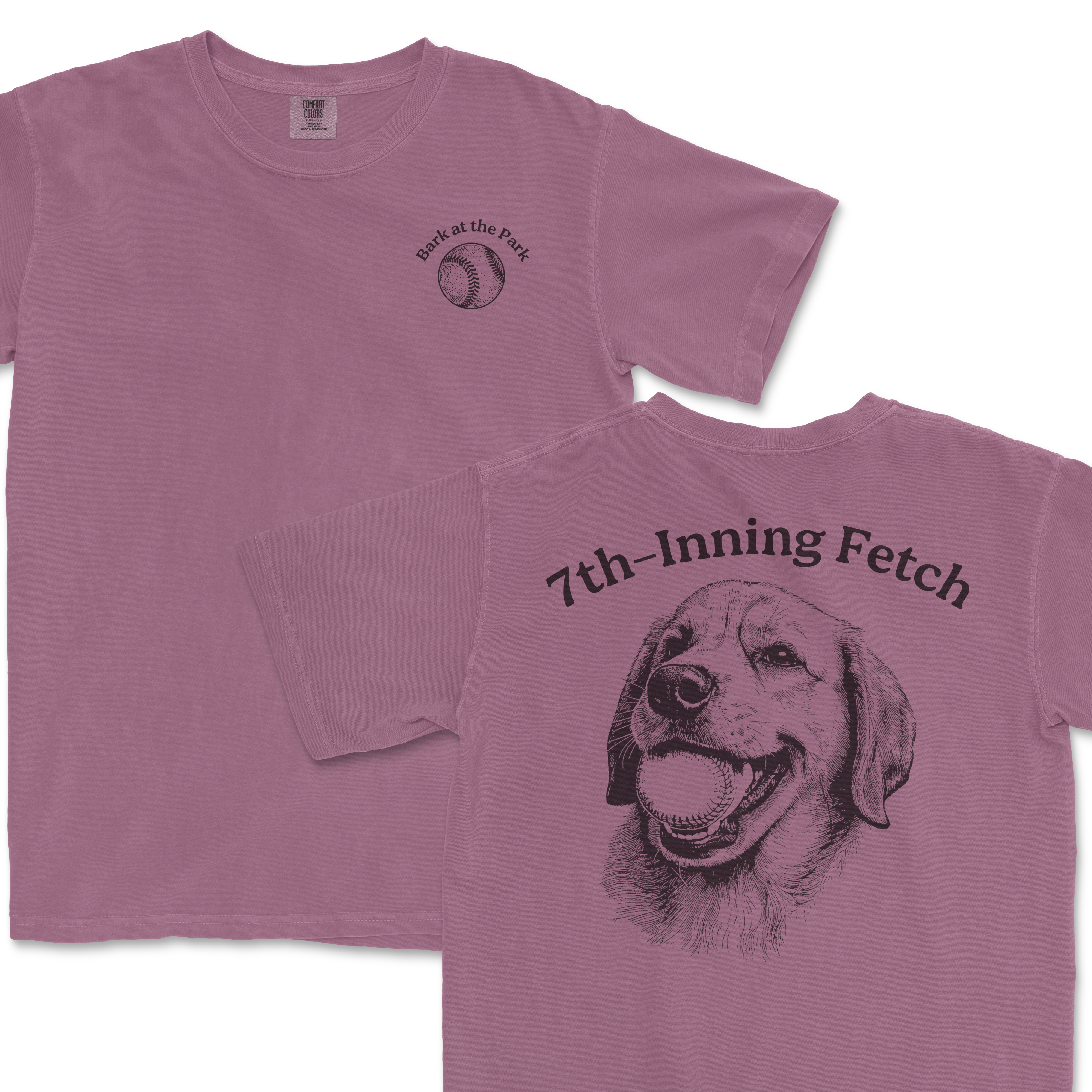 Pink Comfort Colors T-shirt featuring a front small baseball graphic with "Bark at the Park" and a large back illustration of a happy Golden Retriever with "7th-Inning Fetch" text.