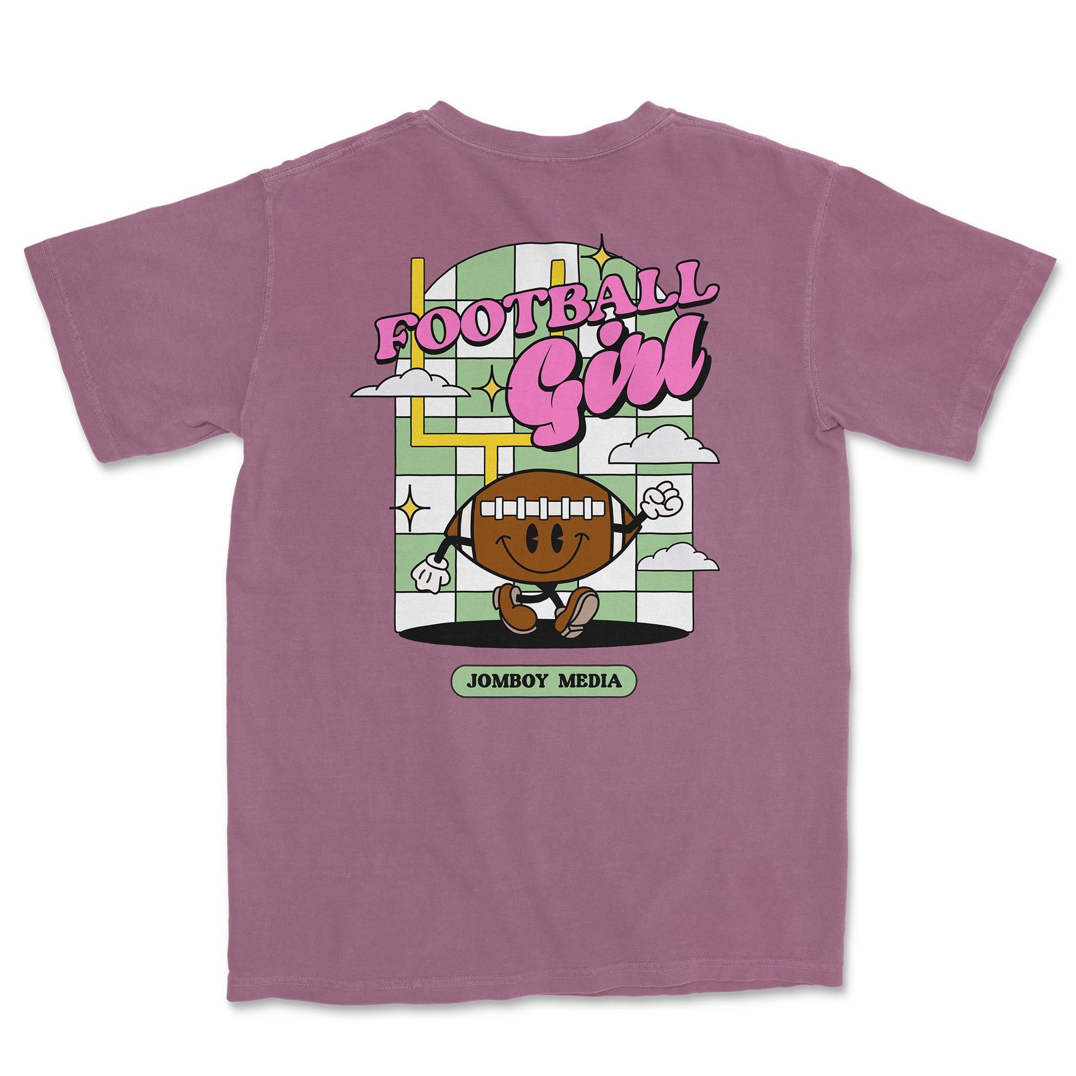 Comfort Colors tee featuring a cartoon football girl mascot, "Football Girl" text, and playful graphics on a purple background.