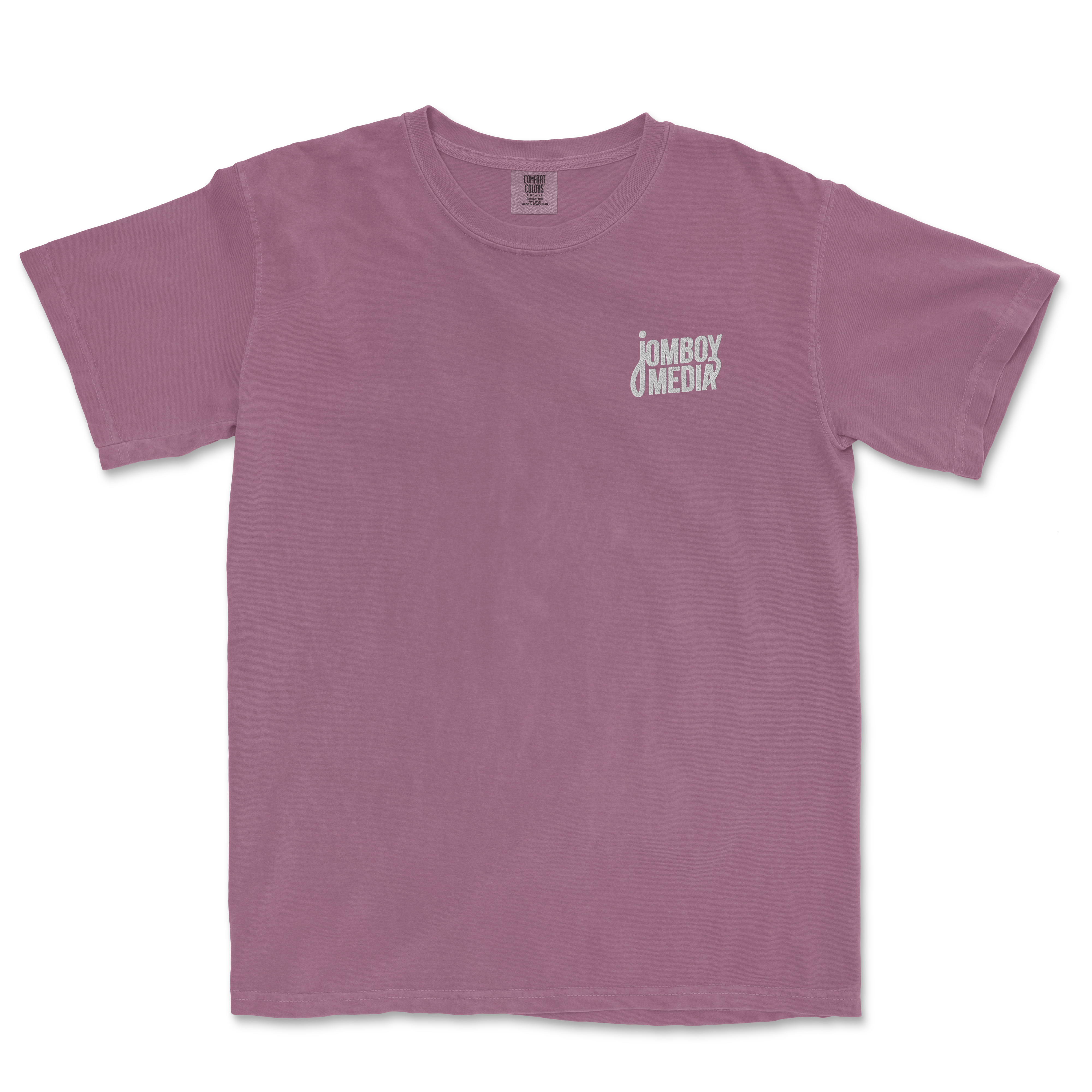 JM Essentials '25 Embroidered Tee in soft pink featuring Jomboy Media logo on the left chest for casual sportswear.