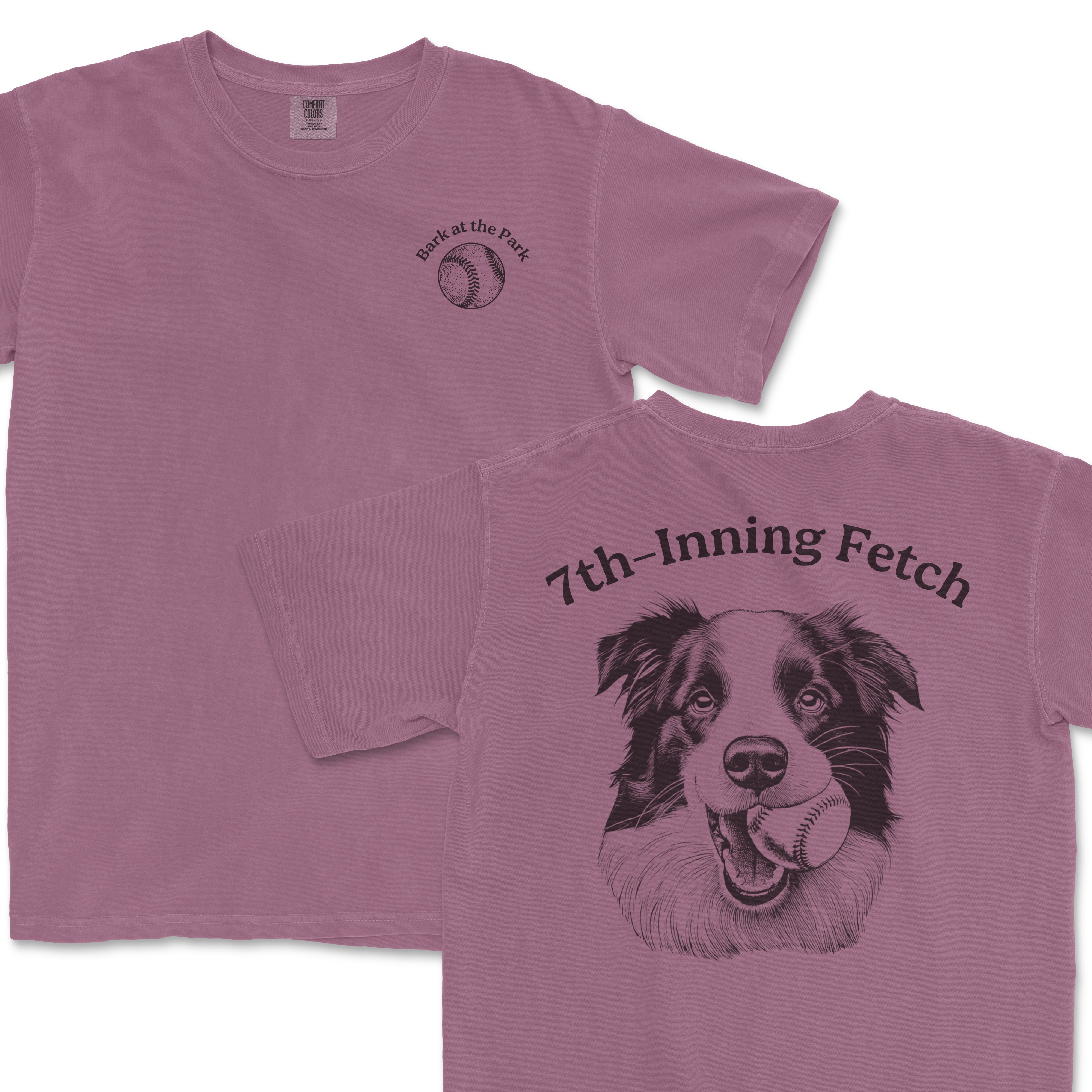 Pink Comfort Colors T-shirt featuring a front small baseball graphic with "Bark at the Park" text and a back large illustration of a collie dog with a baseball in its mouth and "7th-Inning Fetch" text.