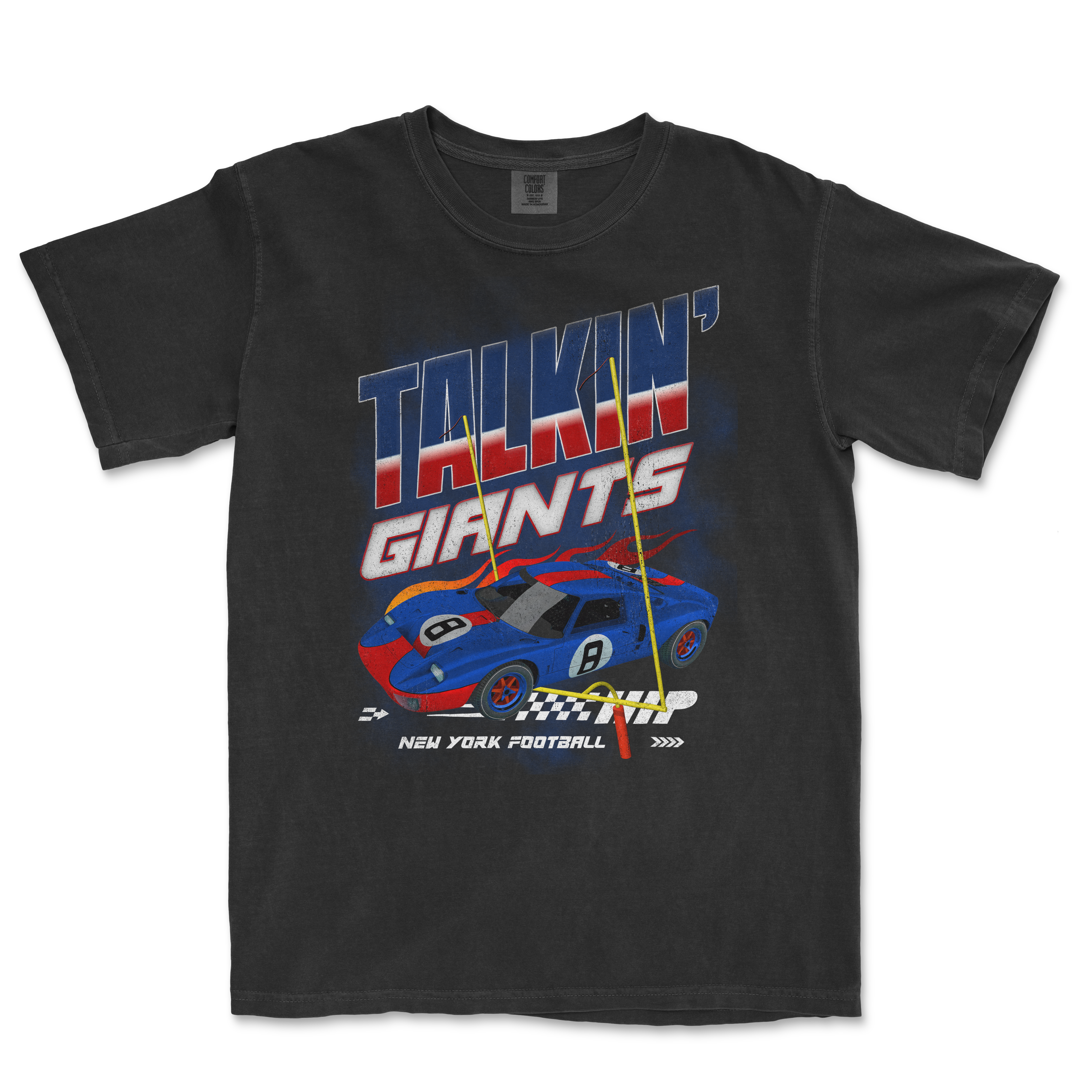 Black t-shirt featuring a colorful graphic of a race car with "Talkin' Giants" and "New York Football" text, perfect for fans.