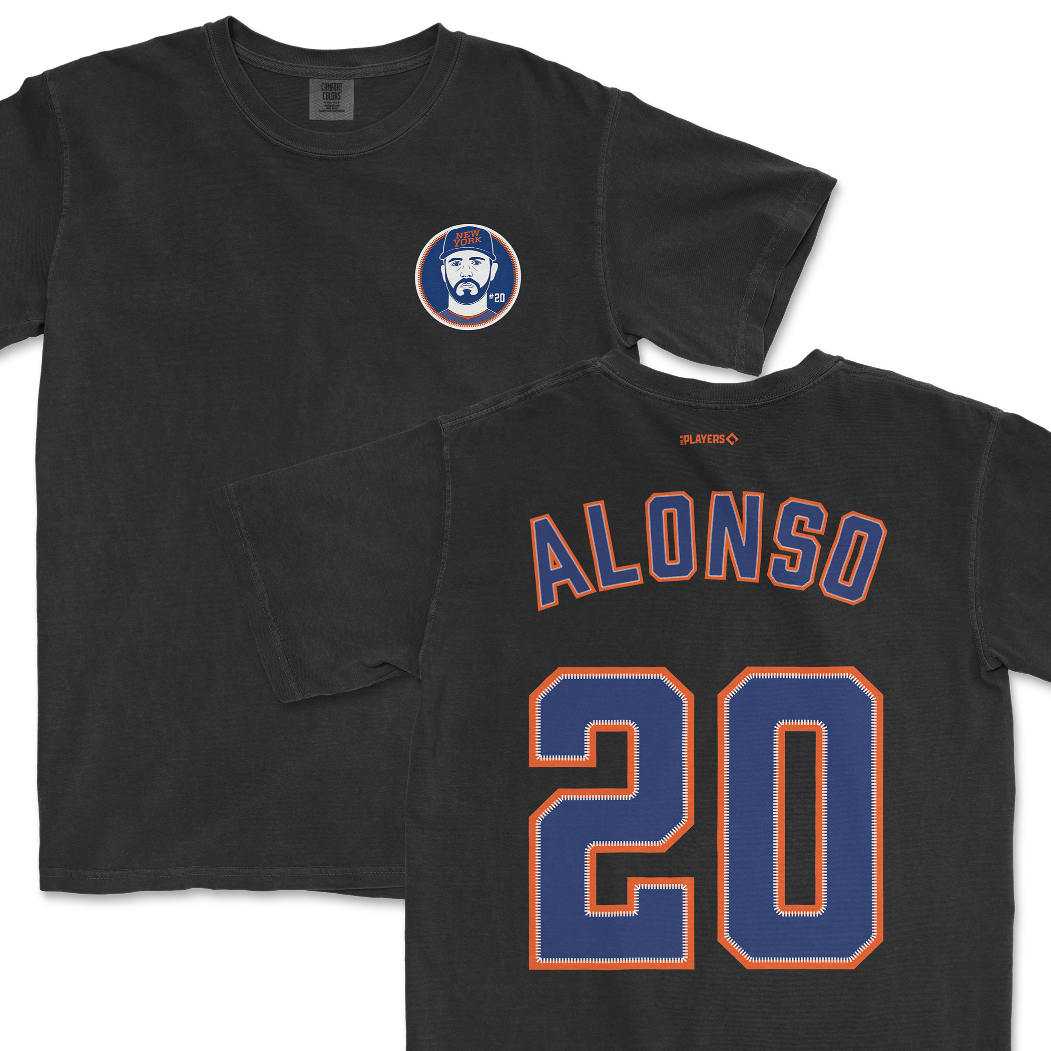 Pete Alonso Shirsey featuring a front logo and player name with number 20 on the back, in black fabric.