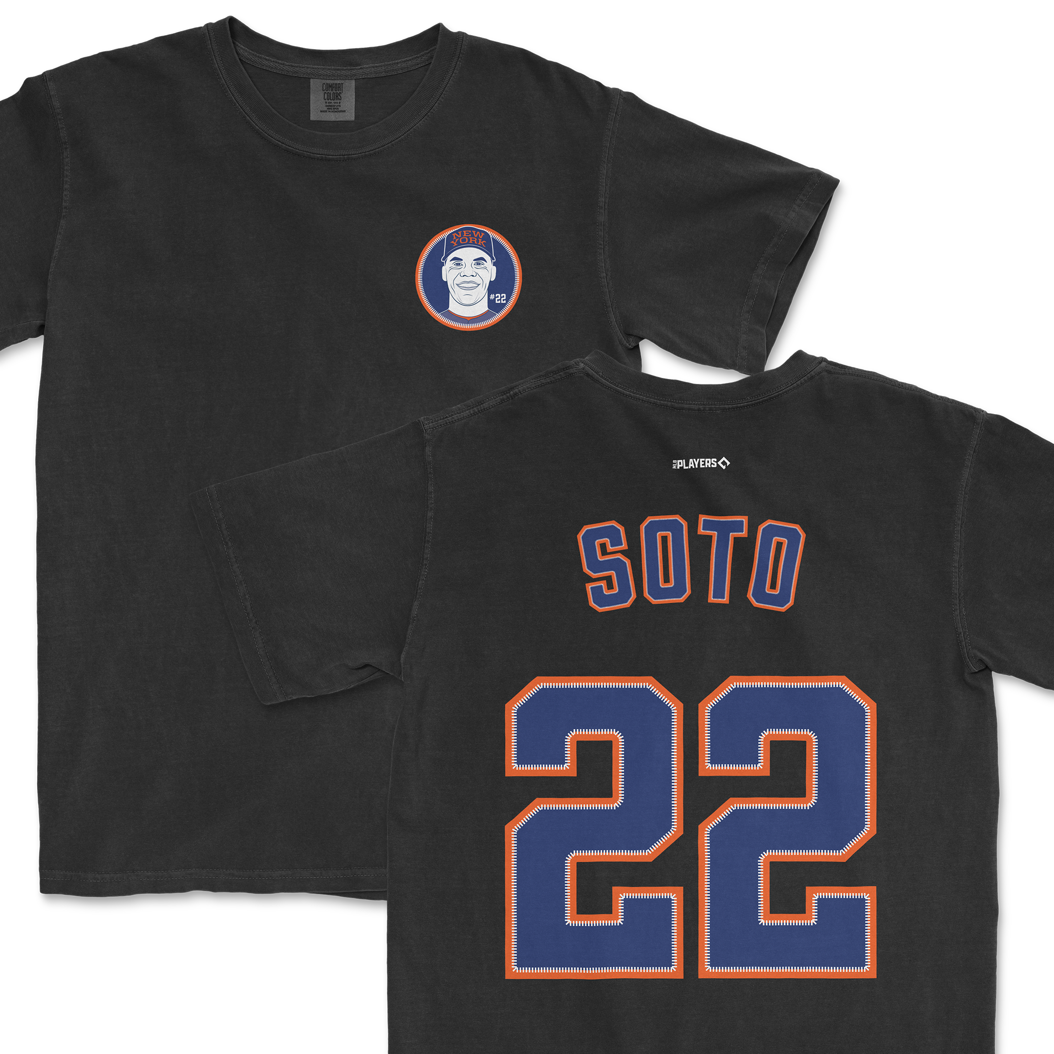 Black Juan Soto Shirsey featuring a front graphic of Soto's face and "SOTO 22" on the back in blue and orange.