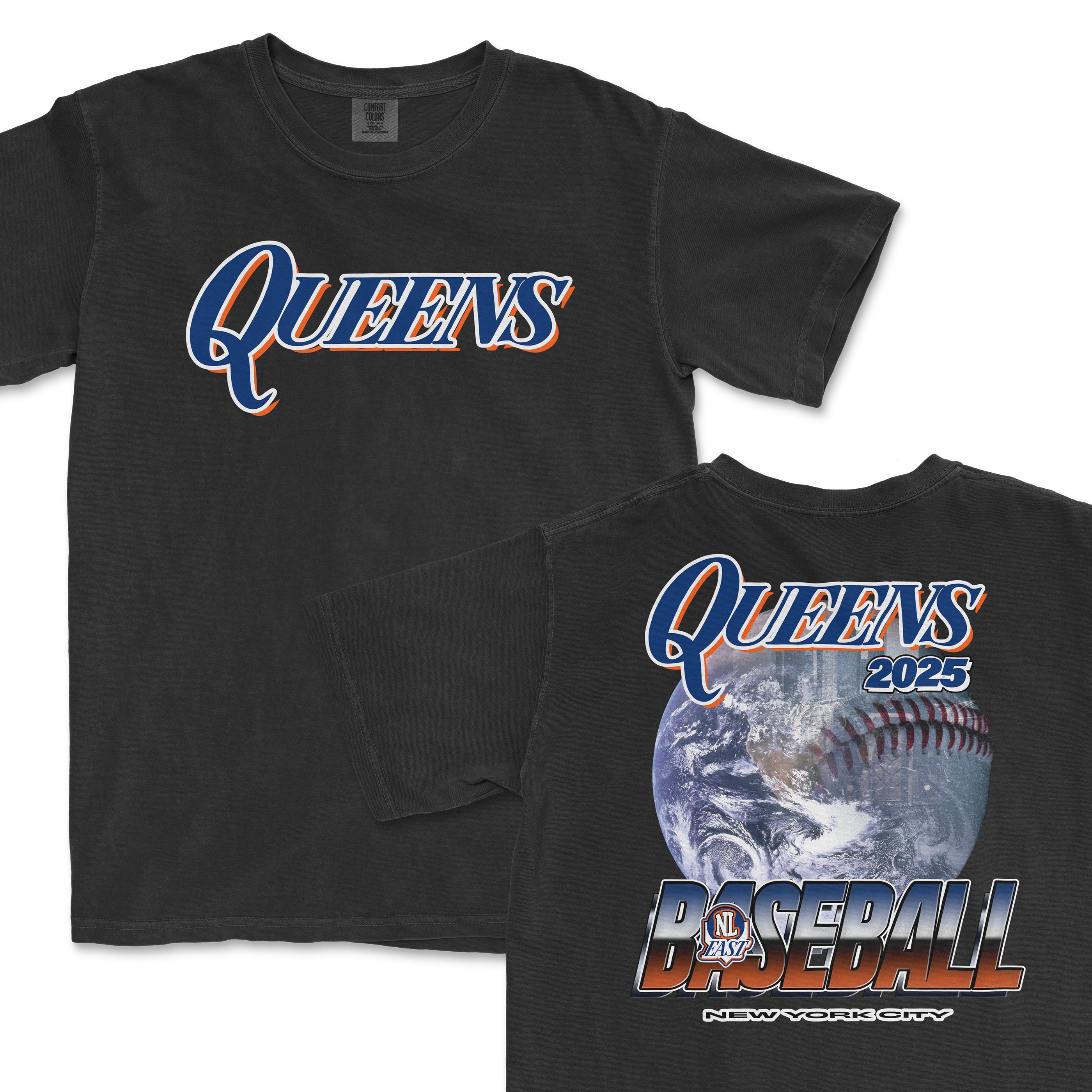 Black Comfort Colors T-shirt with "Queens" text, "2025" and a baseball globe graphic, celebrating Queens baseball in New York City.
