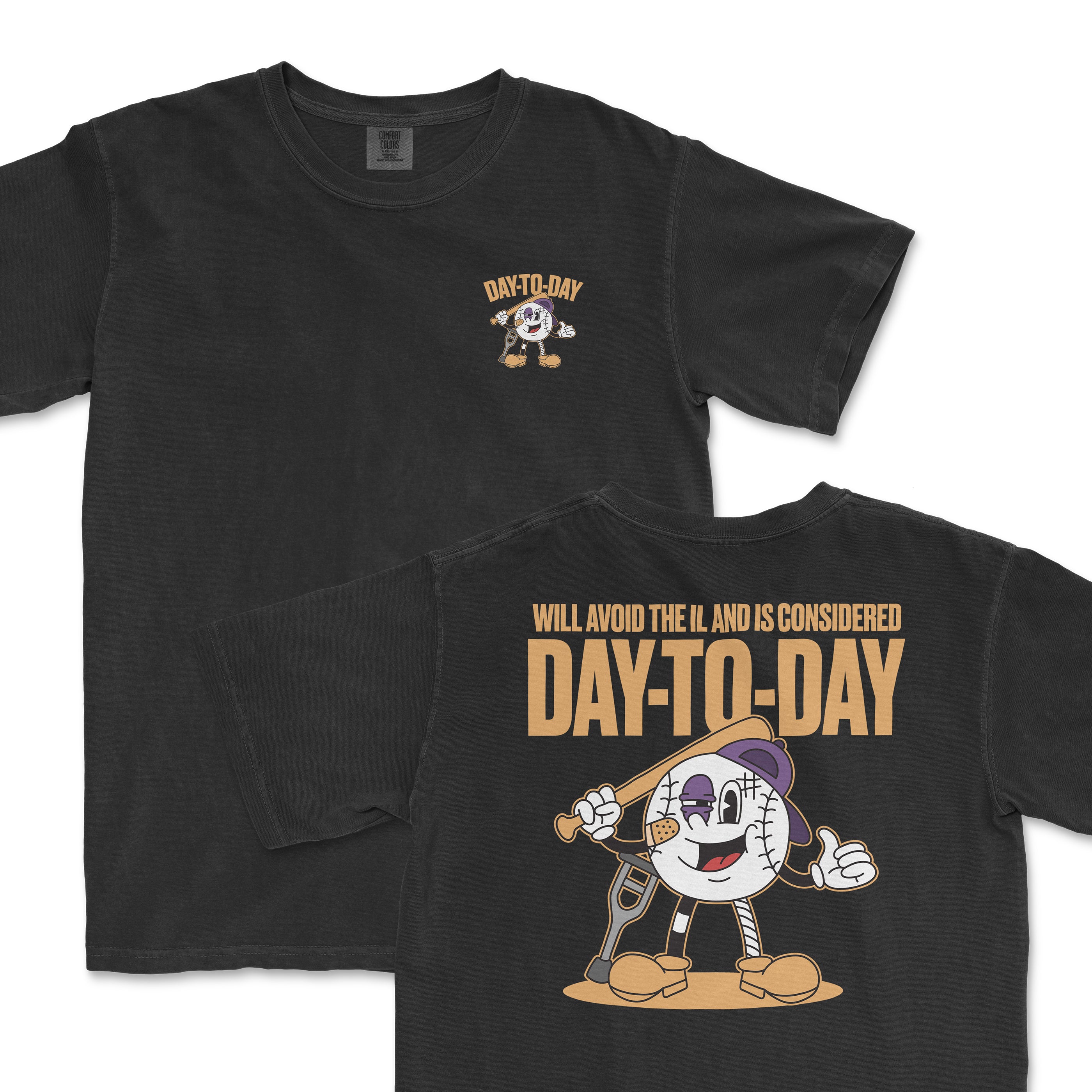 Black t-shirt featuring a cartoon character with a baseball bat and the text "Day-To-Day" on the front and back.