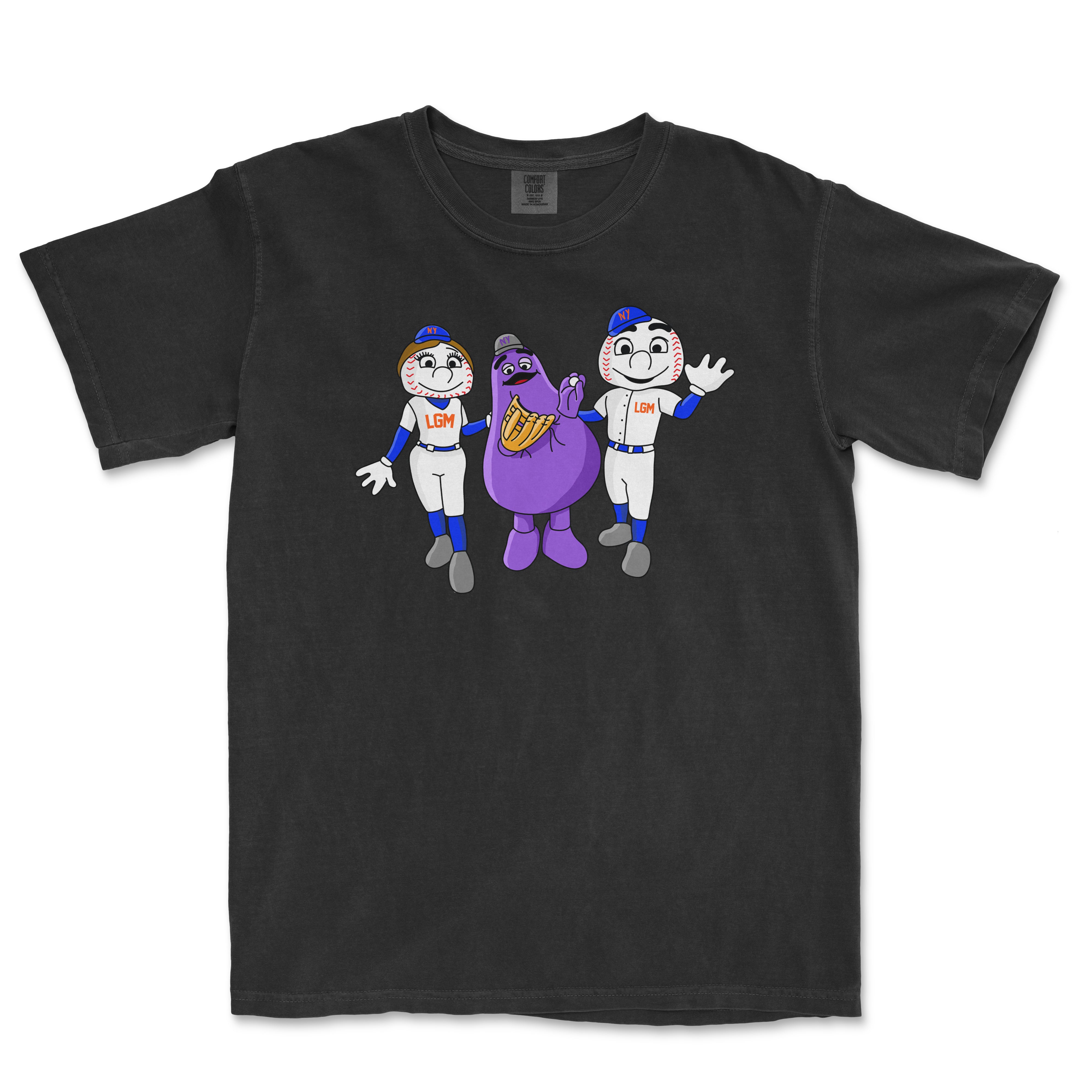 Black Comfort Colors T-shirt featuring cartoon-style NYM and Friends characters in baseball uniforms, with purple mascot in the center.