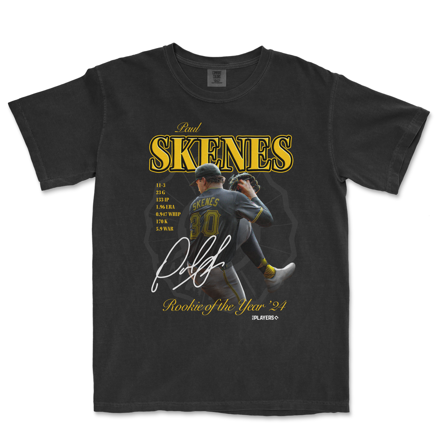 Black T-shirt featuring Paul Skene's 2024 Rookie of the Year design with a photo, stats, signature, and yellow and white text.