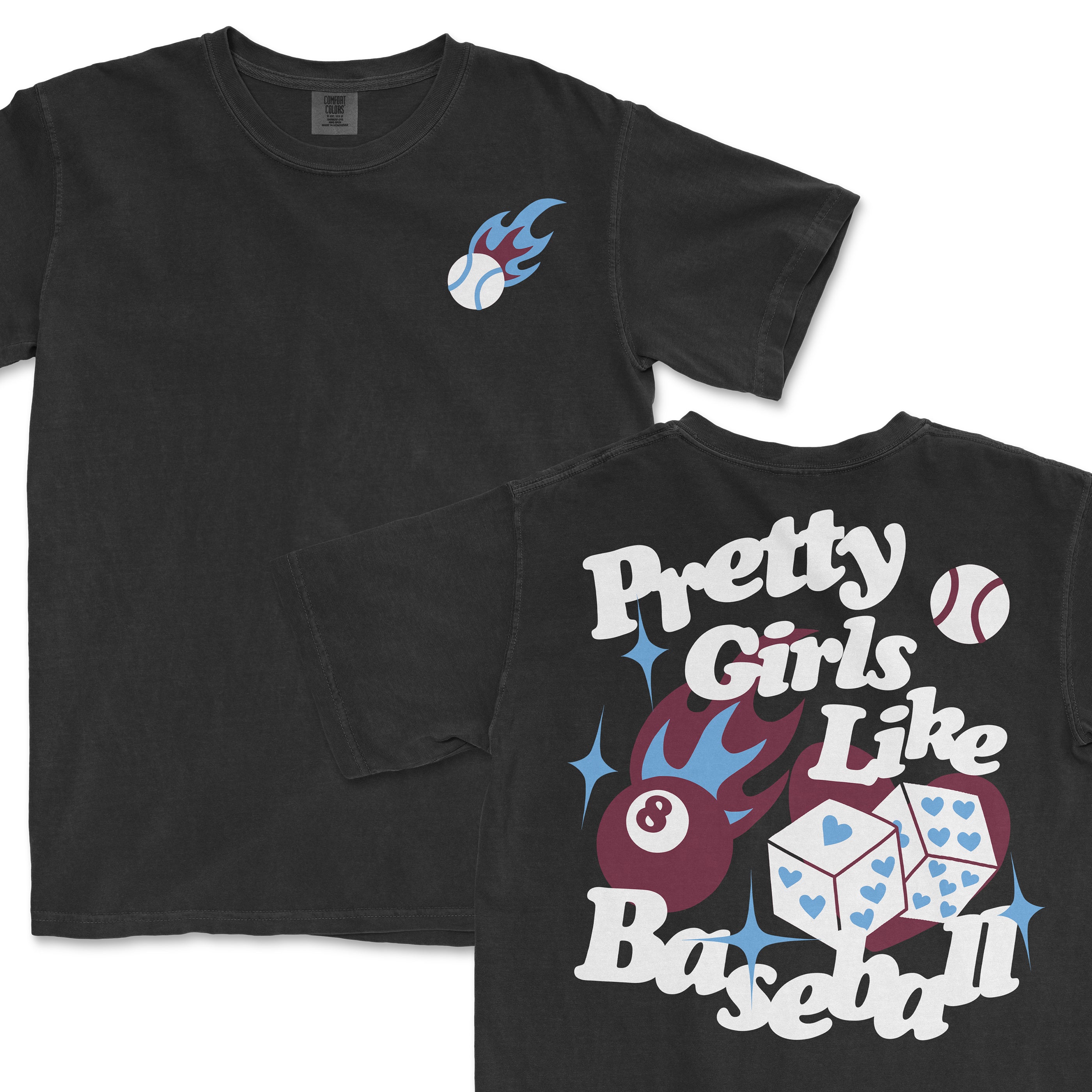 Black T-shirt with the phrase "Pretty Girls Like Baseball" and baseball-themed graphics, including a flaming baseball and dice.