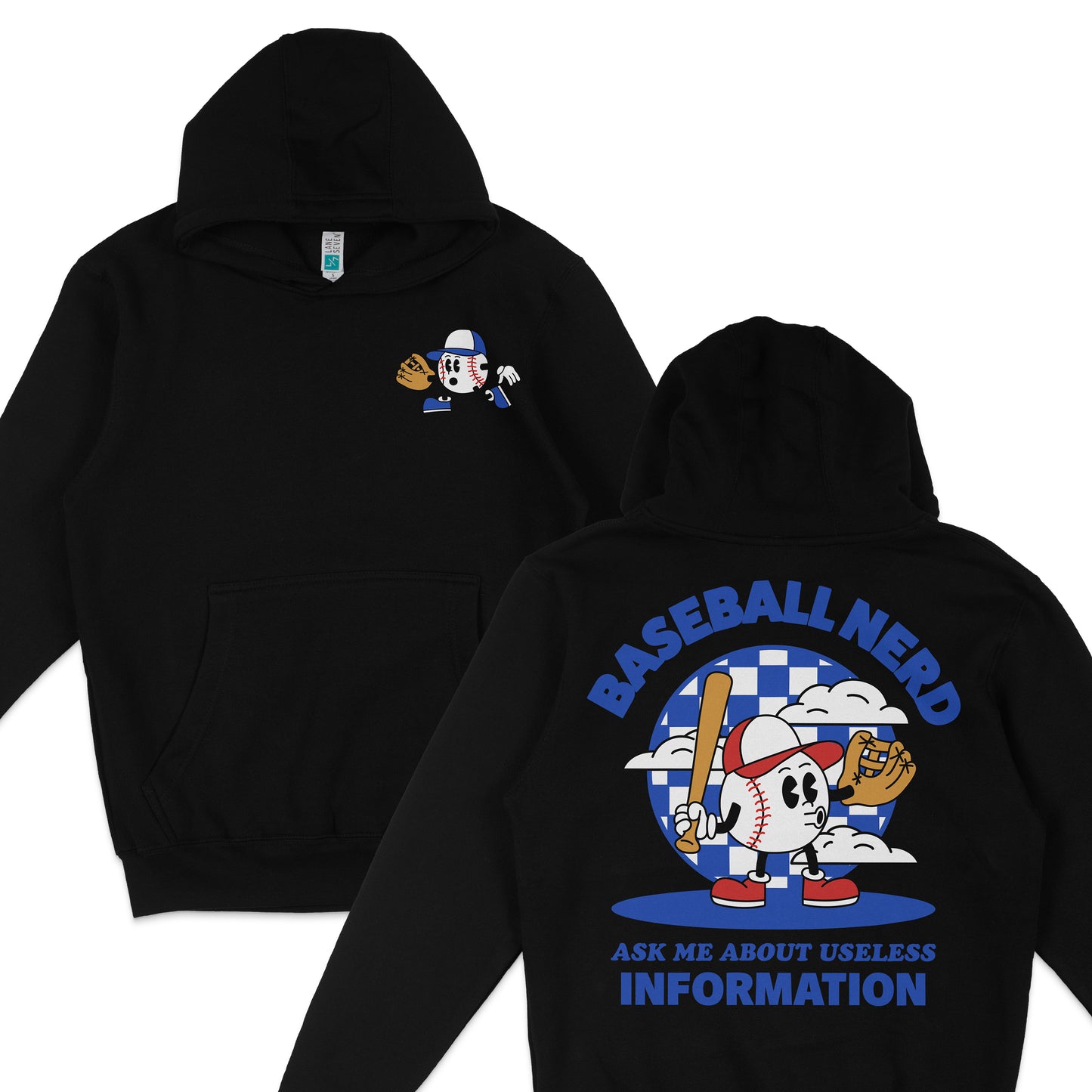 Black hoodie featuring a cartoon baseball character with a bat on the front and a large "Baseball Nerd" graphic with text on the back.