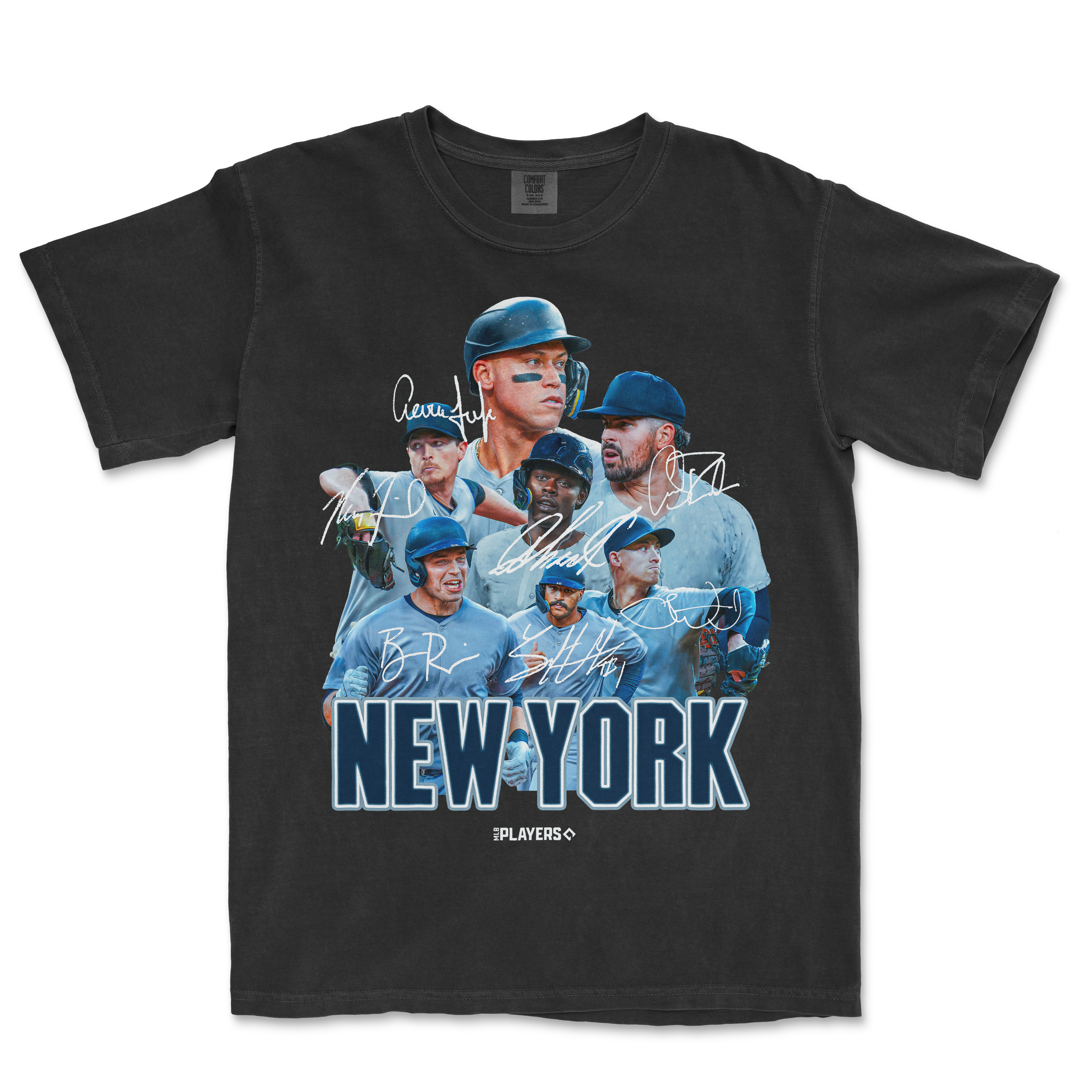 Black Comfort Colors tee featuring a New York Yankees graphic with multiple signed players and "NEW YORK" text.