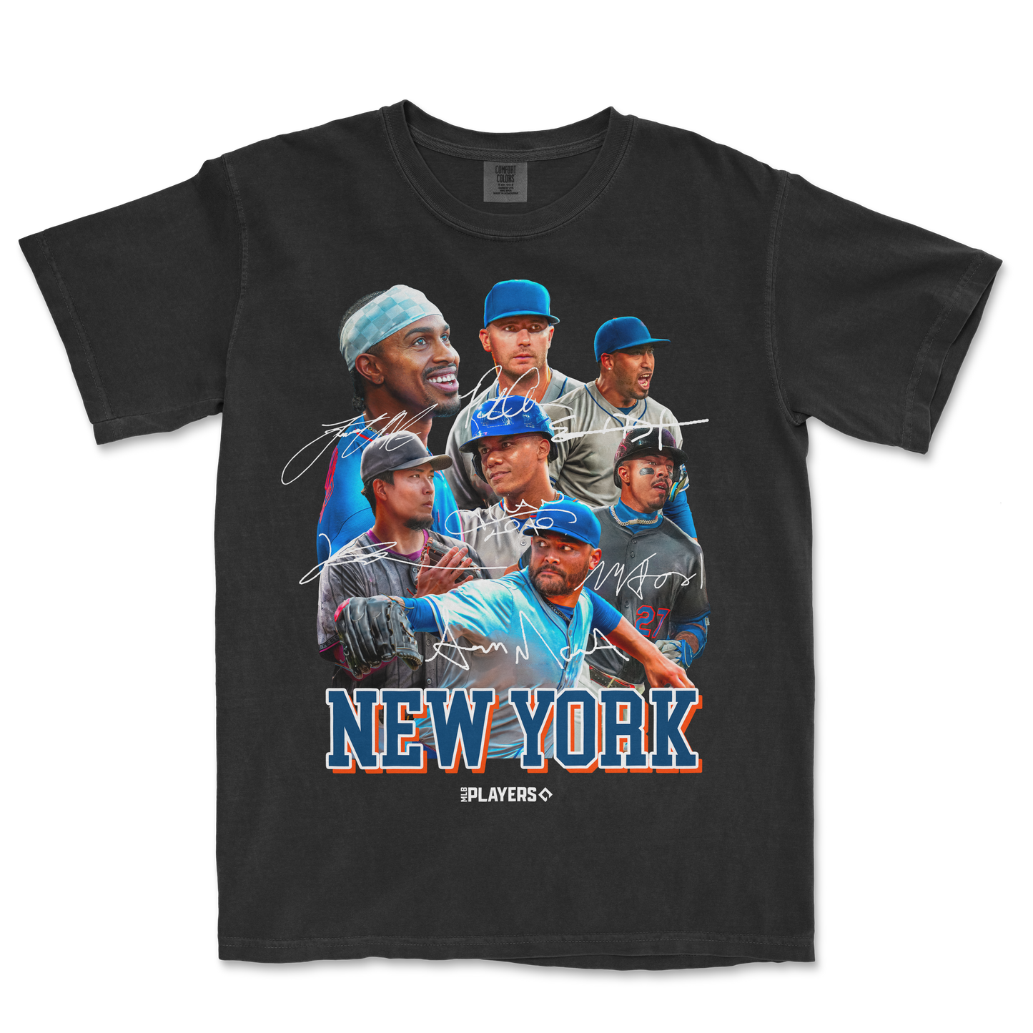 Black Comfort Colors T-shirt featuring a collage of New York Yankees players with autographs and "NEW YORK" text at the bottom.