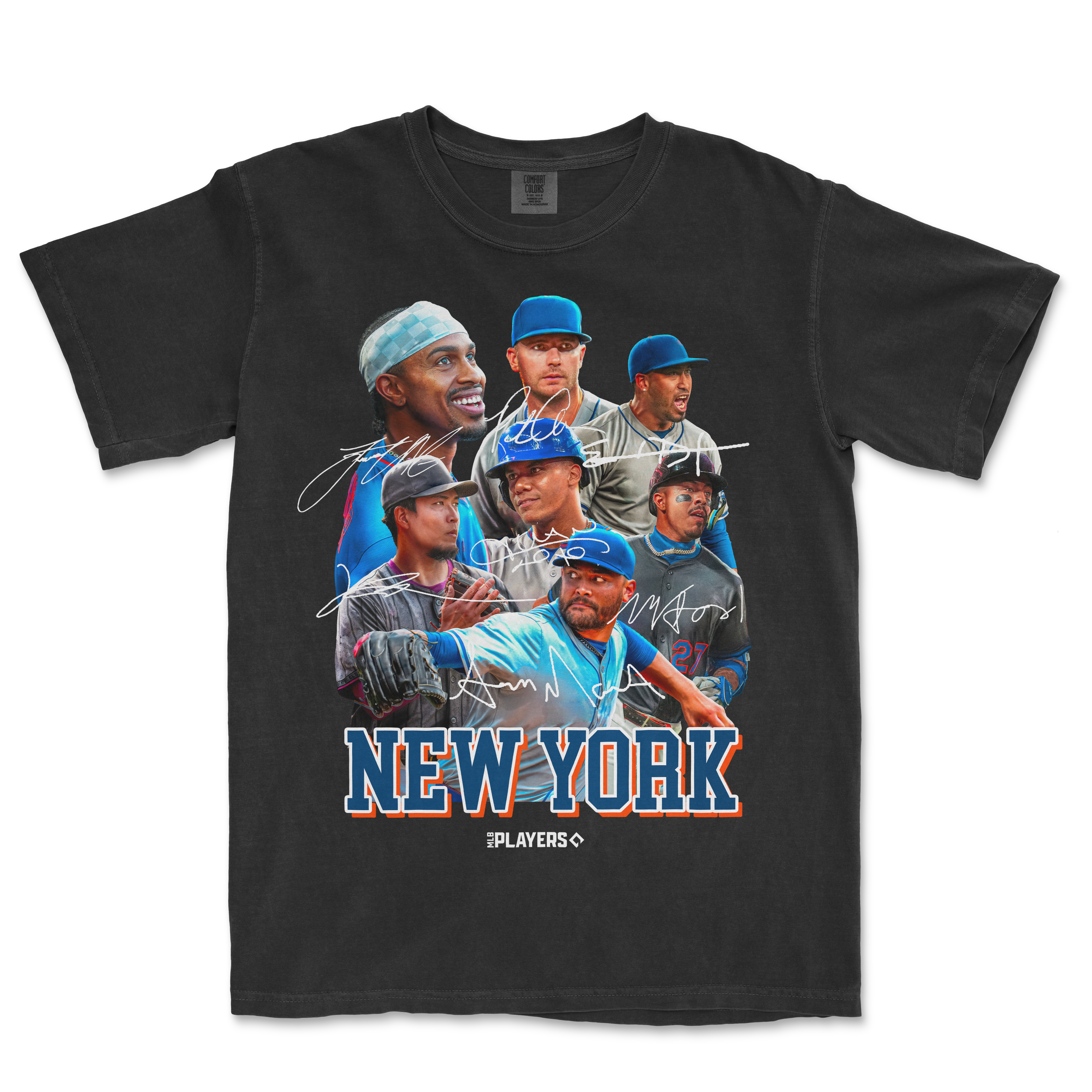 Black Comfort Colors T-shirt featuring a collage of New York Yankees players with autographs and "NEW YORK" text at the bottom.