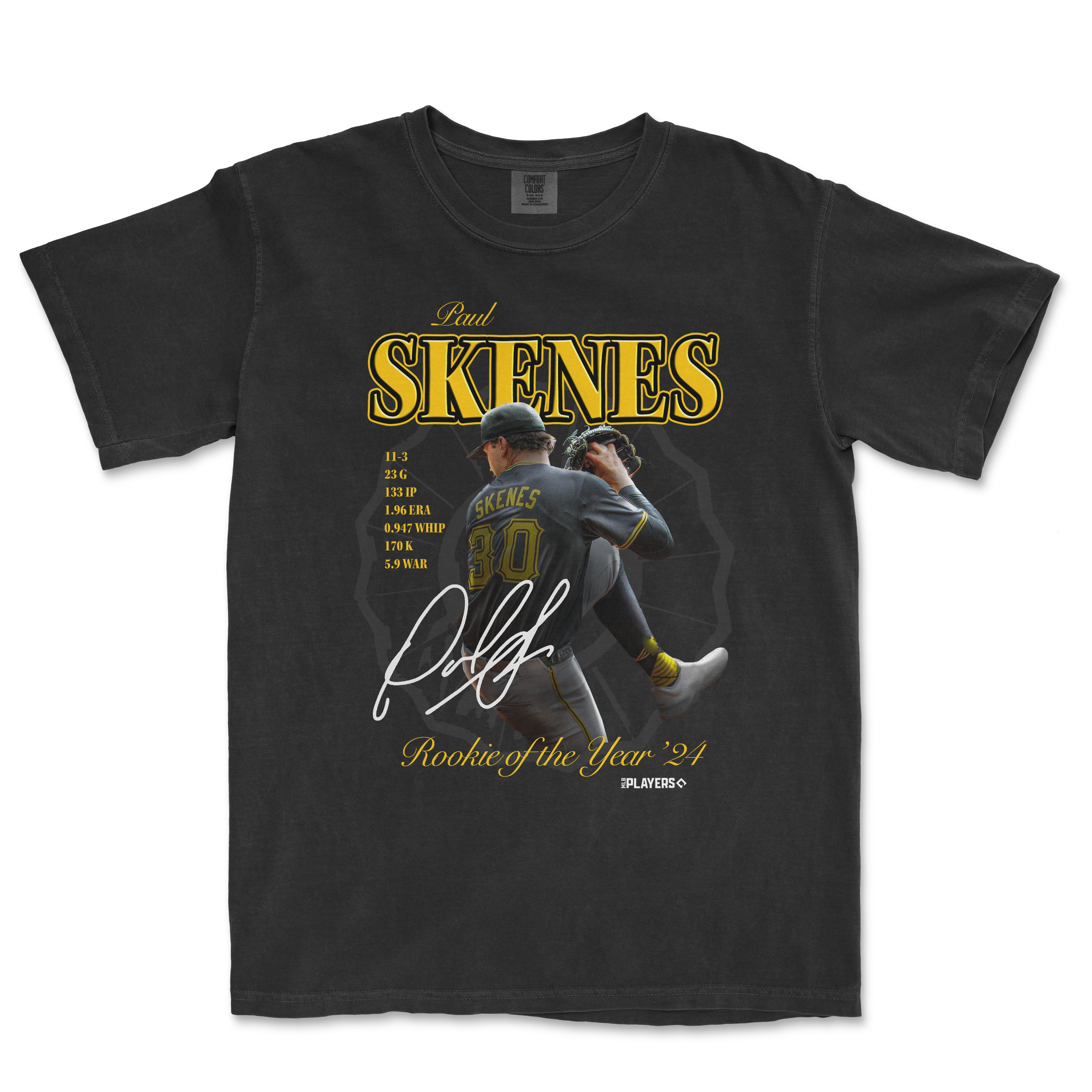 Black graphic T-shirt featuring Paul Skene's 2024 Rookie of the Year design with player stats, signature, and a photo of him in uniform.