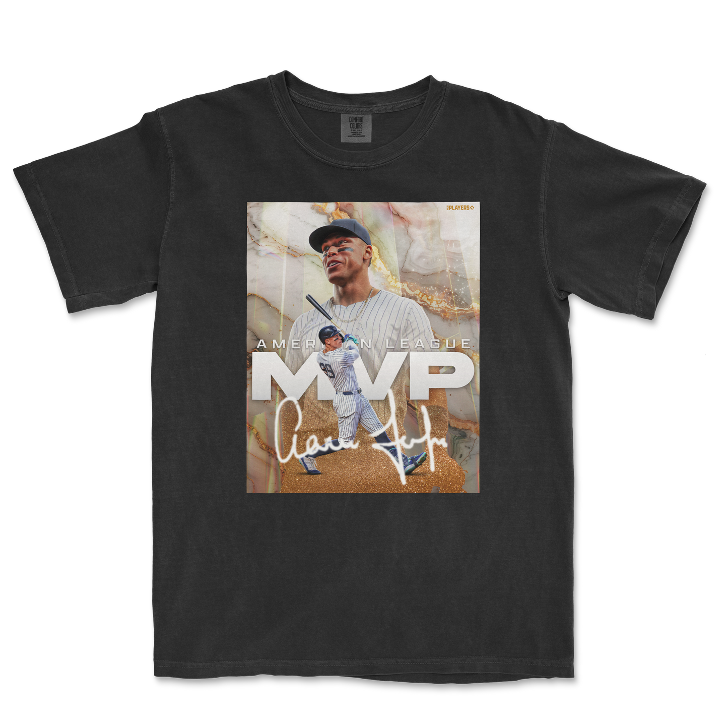 Black Comfort Colors T-shirt featuring a graphic design of a baseball player, "MVP" text, and an autograph, celebrating the American League.