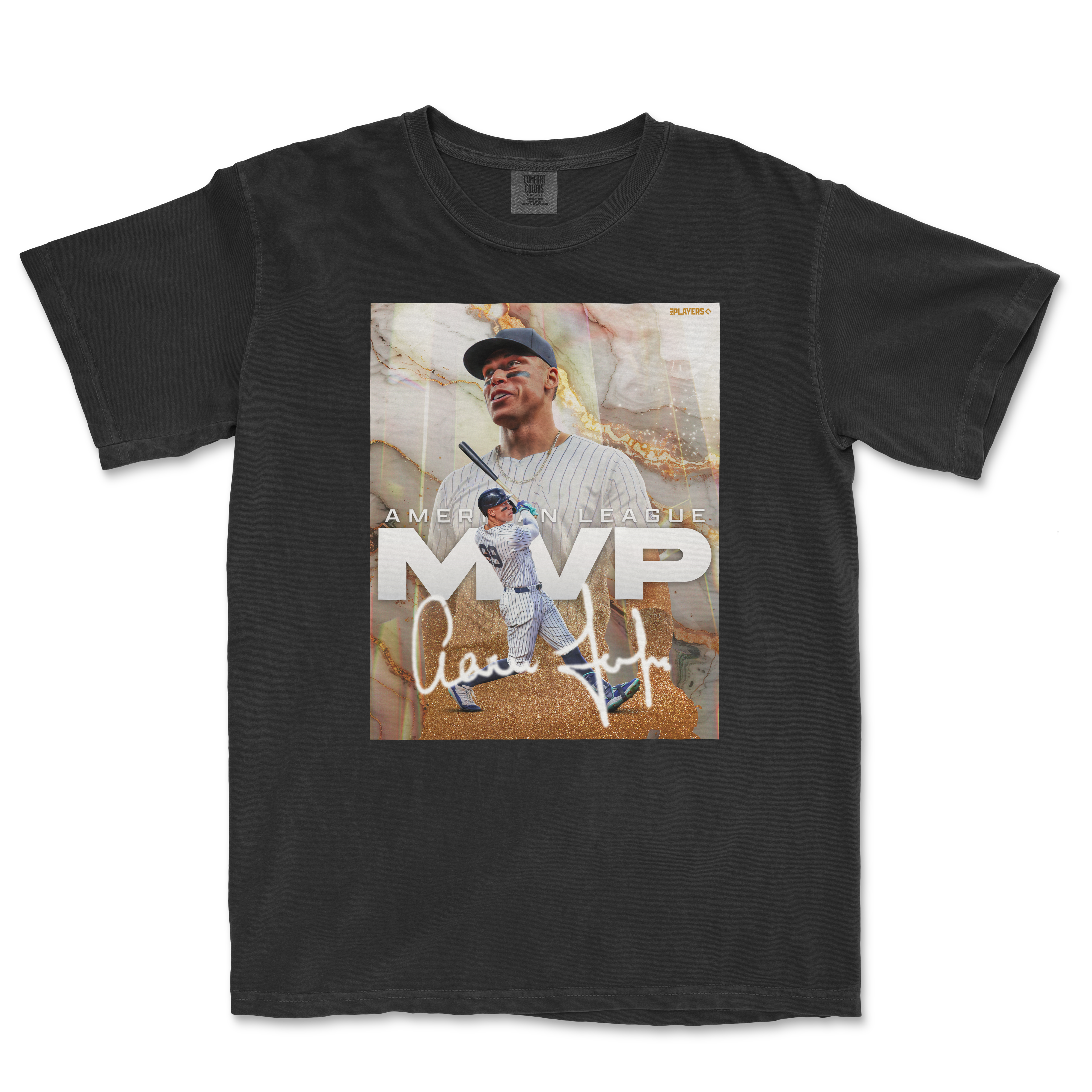 Black Comfort Colors T-shirt featuring a graphic design of a baseball player, "MVP" text, and an autograph, celebrating the American League.