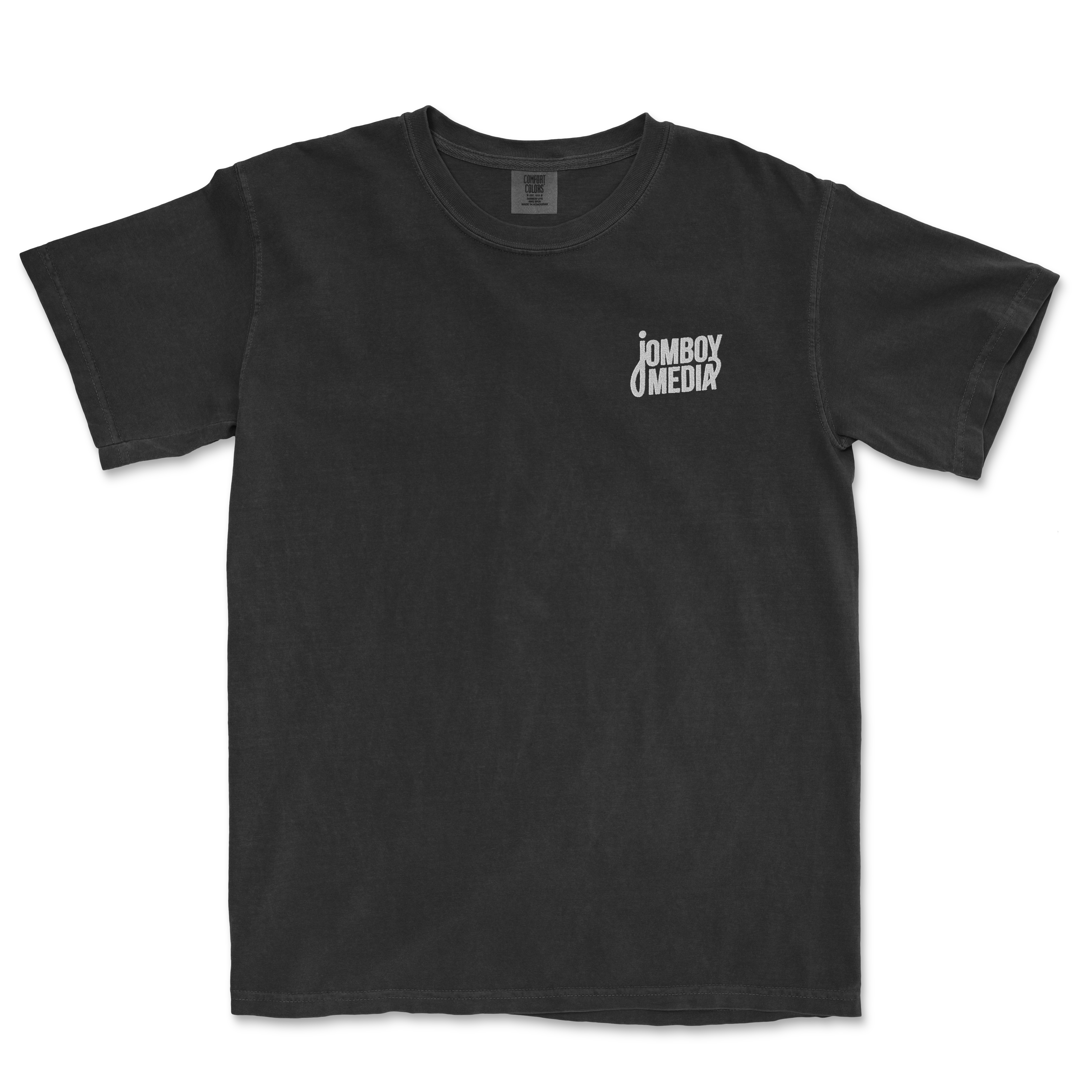 Black JM Essentials '25 Embroidered Tee featuring the Jomboy Media logo on the left chest. Ideal for sports fans.