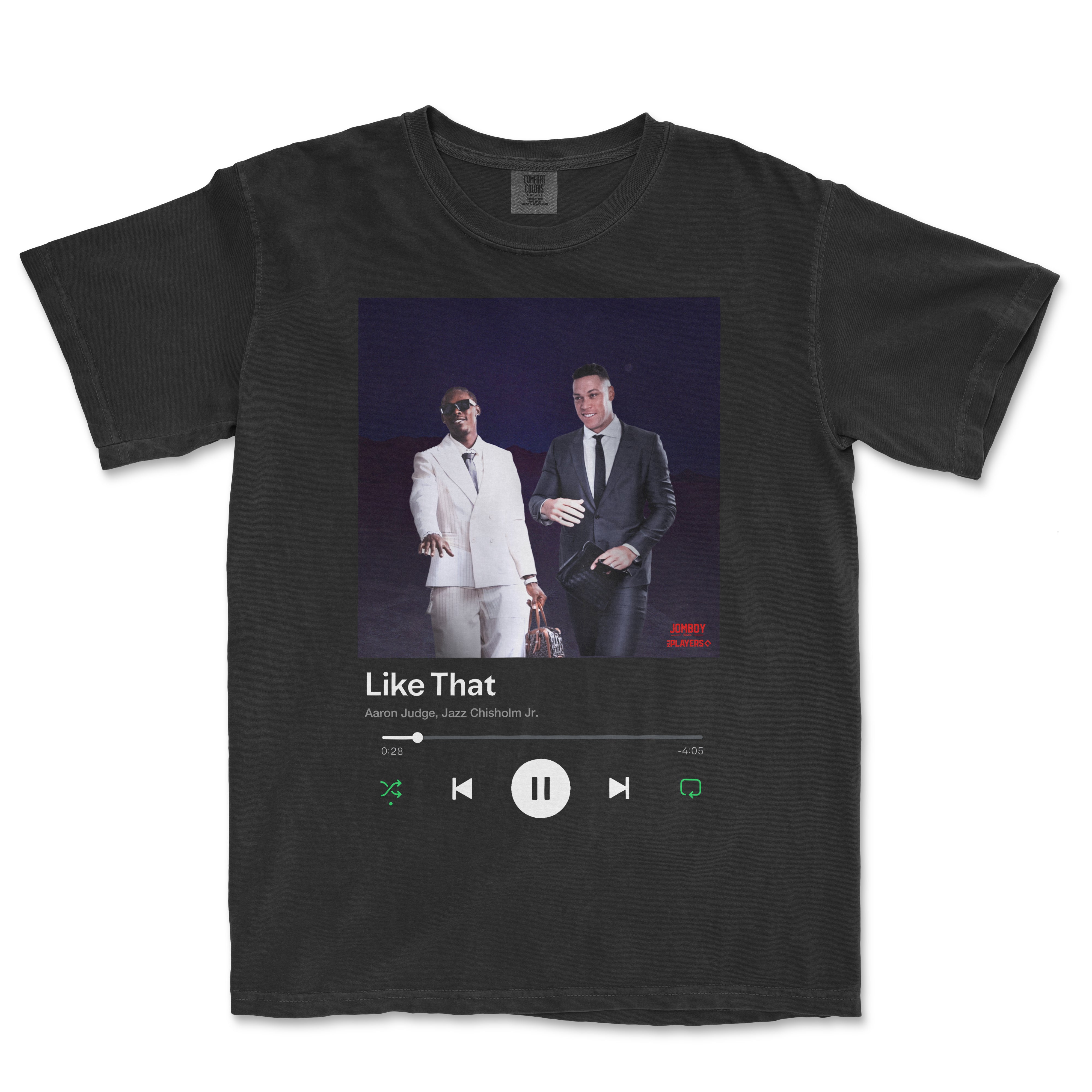 Black T-shirt featuring a graphic of two men in suits with a music player interface, captioned "Like That" by Aaron Judge and Jazz Chisholm Jr.