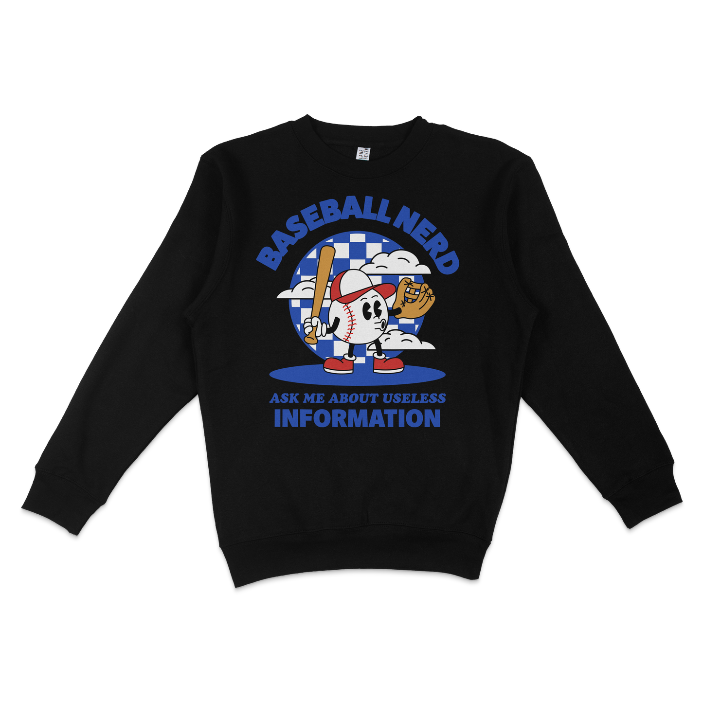 Black crewneck sweatshirt featuring a cartoon baseball character with a bat and glove, and text "Baseball Nerd" and "Ask me about useless information.
