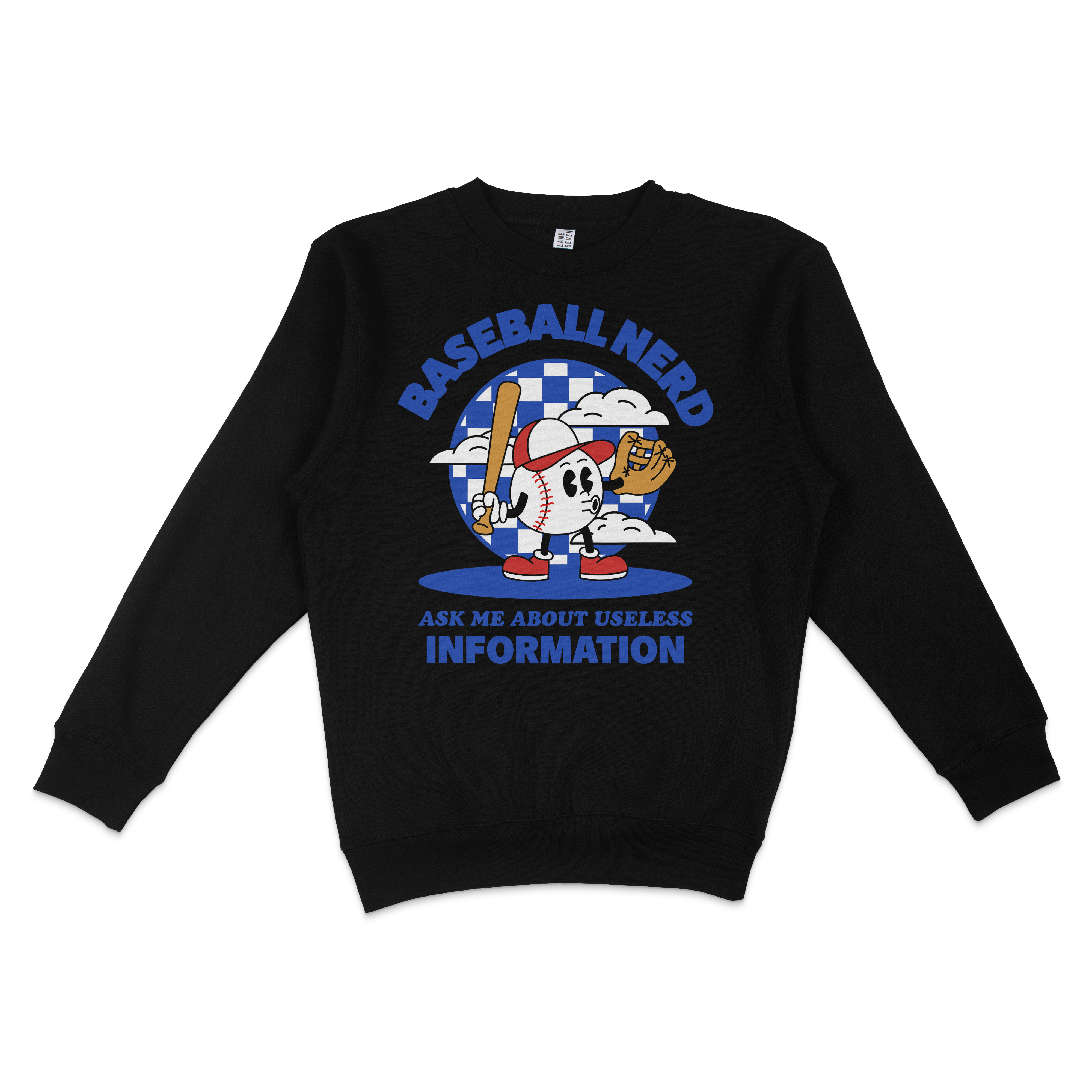 Black crewneck sweatshirt featuring a cartoon baseball character with a bat and glove, and text "Baseball Nerd" and "Ask me about useless information.