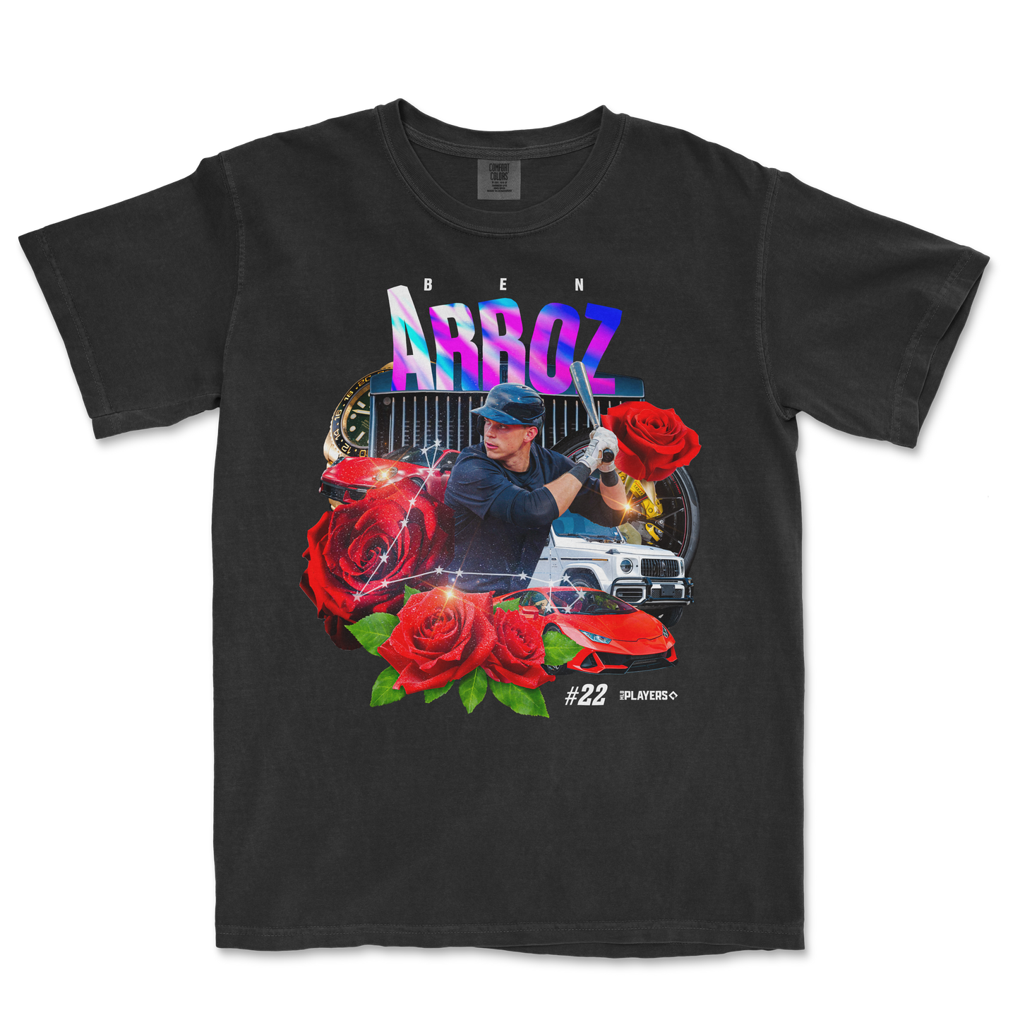 Black Comfort Colors t-shirt featuring a colorful collage of roses, a Lamborghini, a woman with a baseball bat, and the text "Ben Arroz Es El Alfa.
