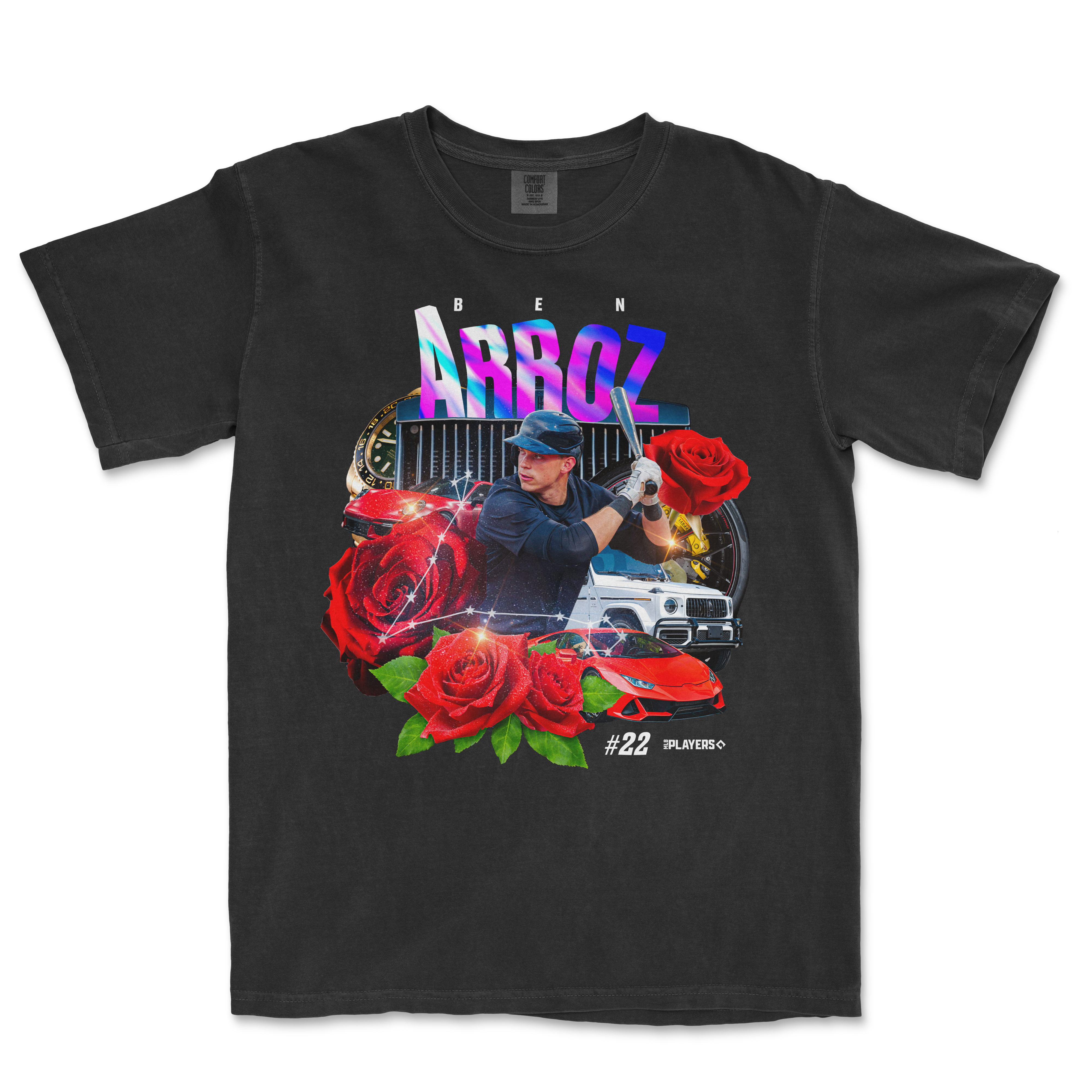 Black Comfort Colors t-shirt featuring a colorful collage of roses, a Lamborghini, a woman with a baseball bat, and the text "Ben Arroz Es El Alfa.