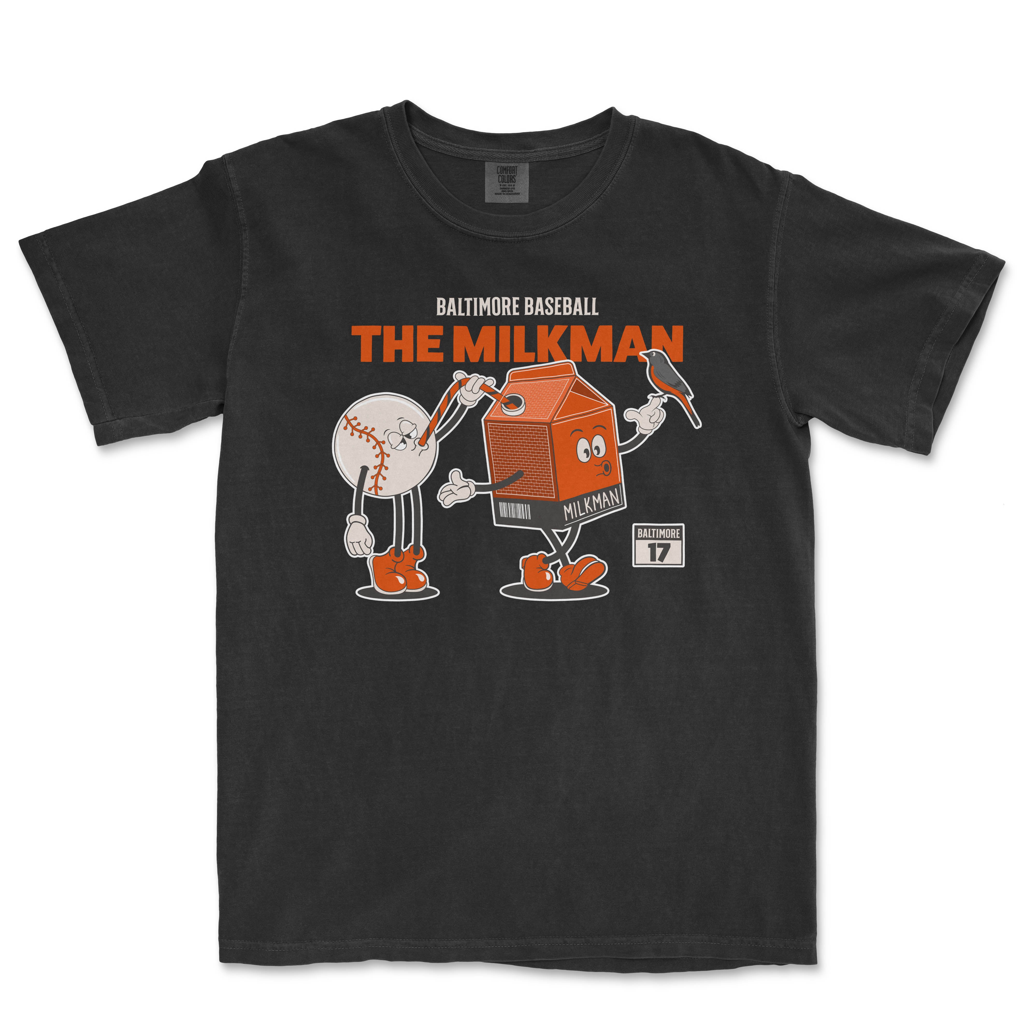 Black T-shirt featuring cartoon characters of a baseball and a milk carton, with "The Milkman" and "Baltimore Baseball" text.