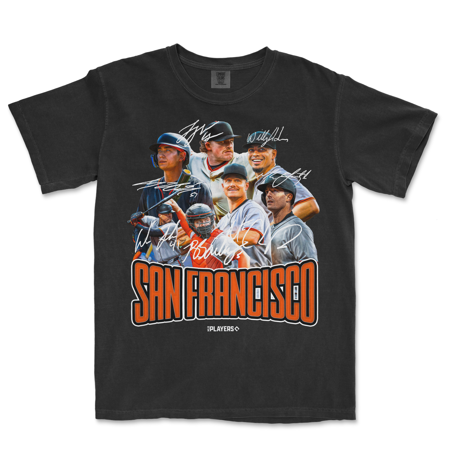 Black T-shirt featuring a collage of San Francisco Giants players with autographs, bold "SAN FRANCISCO" text, and "The Players" logo.