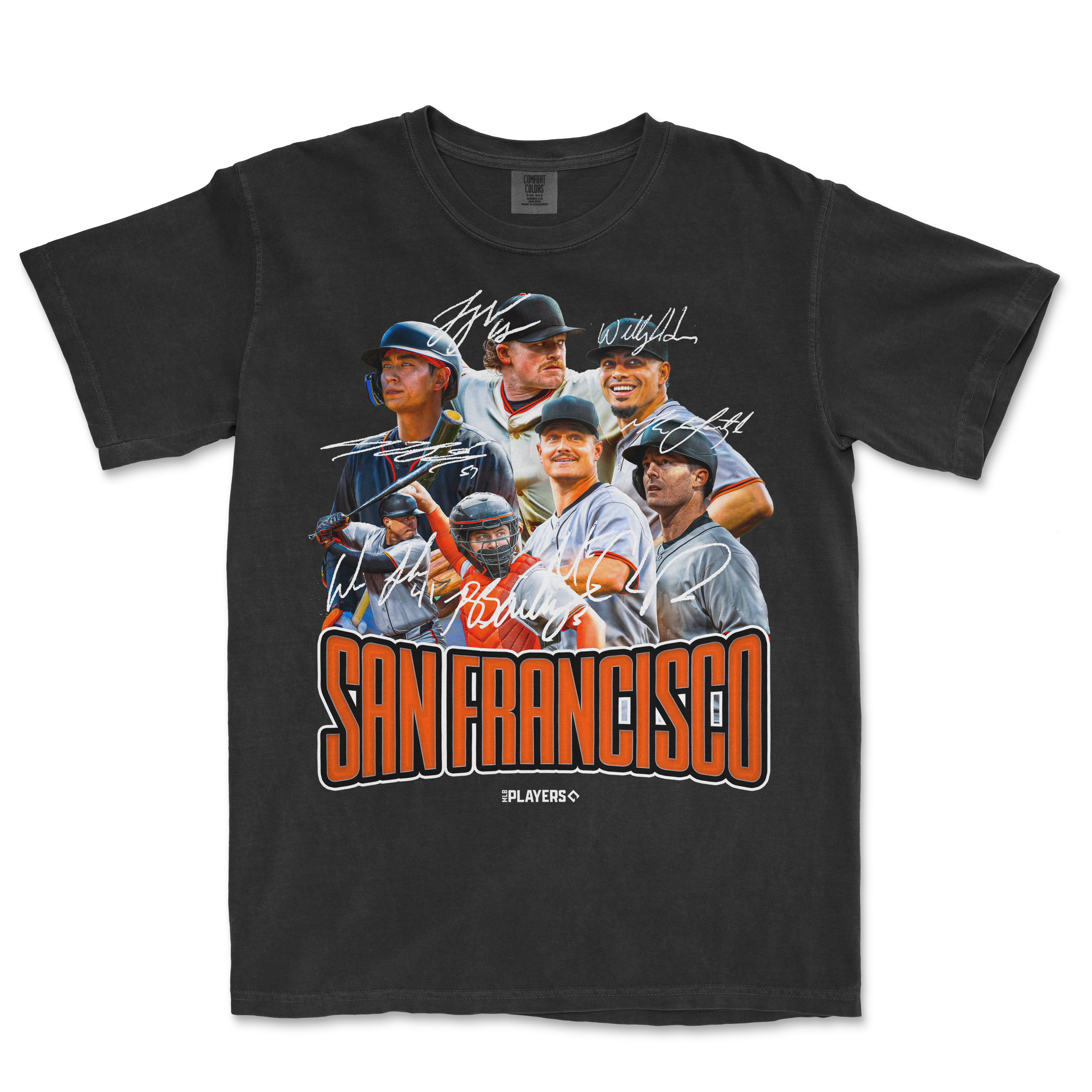 Black T-shirt featuring a collage of San Francisco Giants players with autographs, bold "SAN FRANCISCO" text, and "The Players" logo.