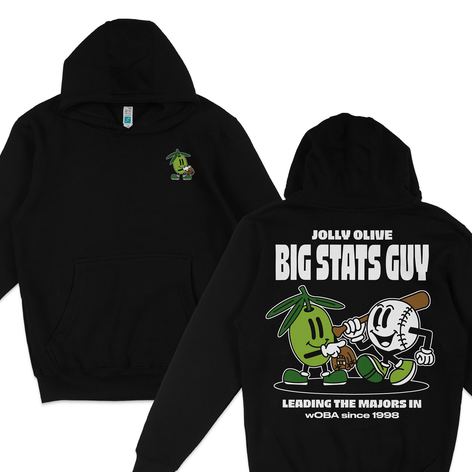 Black hoodie from the Jolly Olives Collection featuring "Big Stats Guy" graphic on the back with playful cartoon characters.