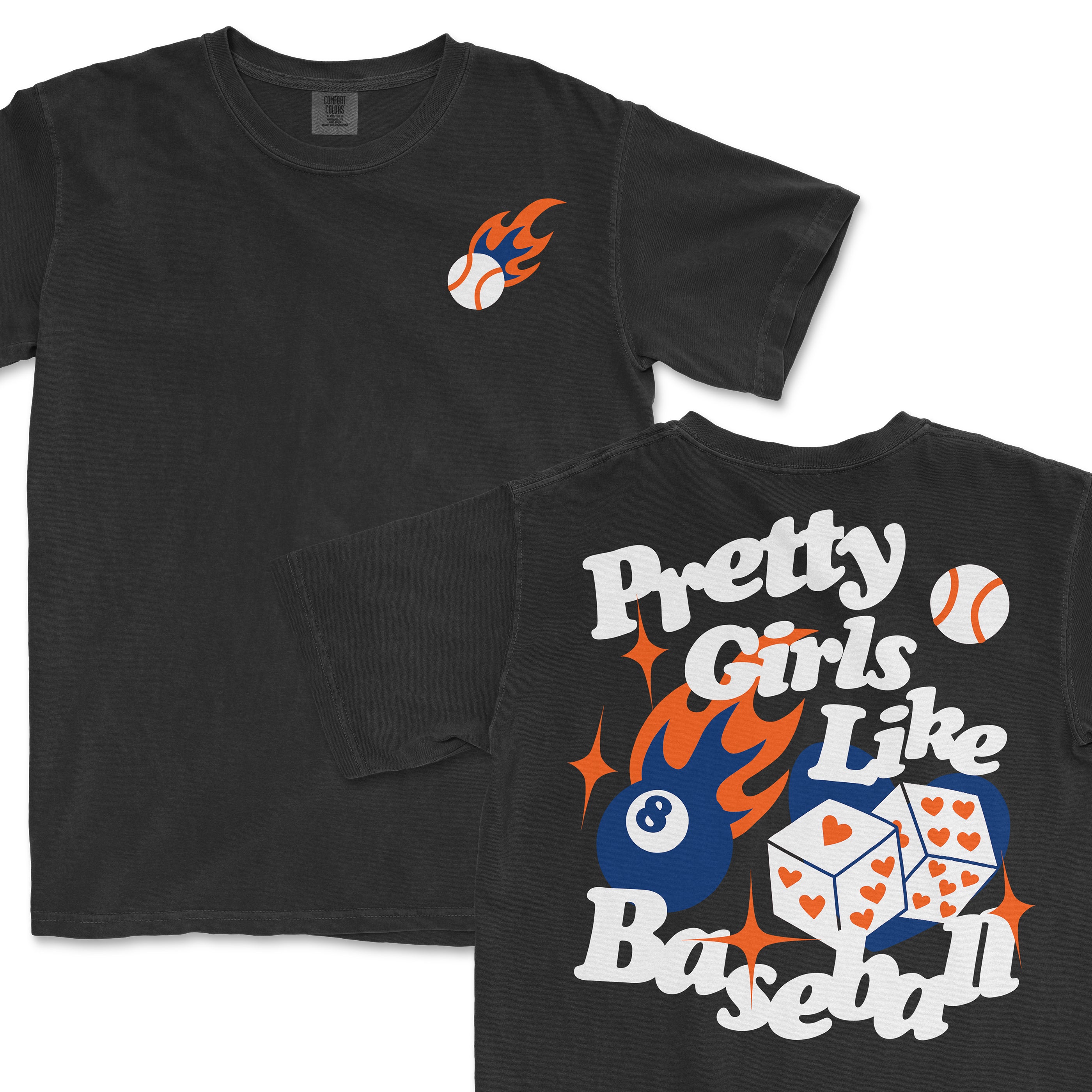 Black T-shirt with "Pretty Girls Like Baseball" text, baseball graphics, and colorful flame and dice illustrations.
