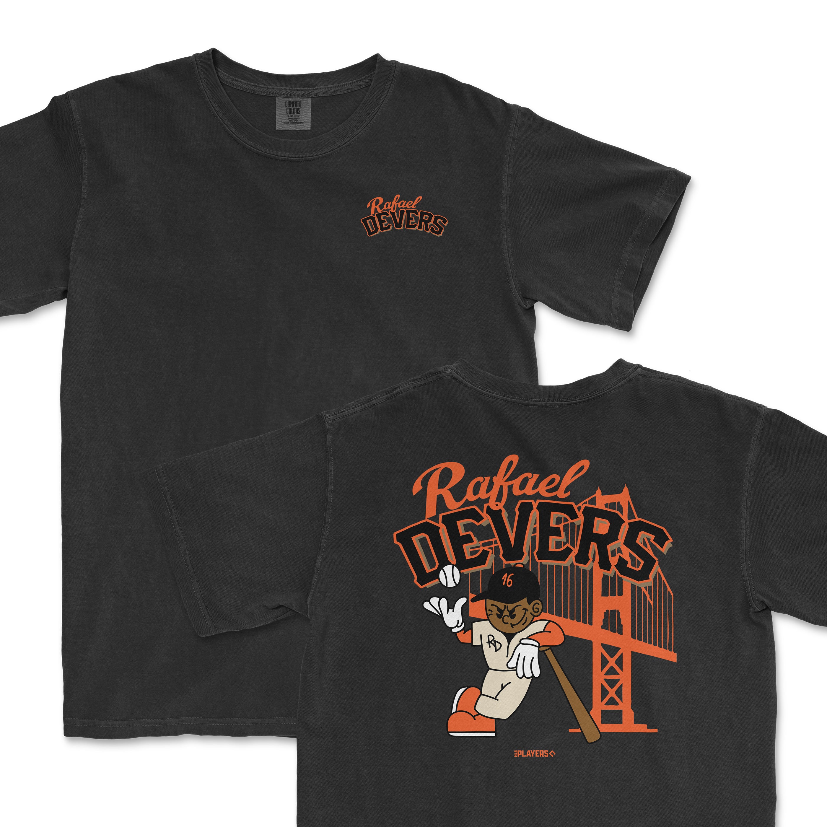 Rafael Devers summer cartoon t-shirt featuring a playful graphic of Devers and a city skyline design.