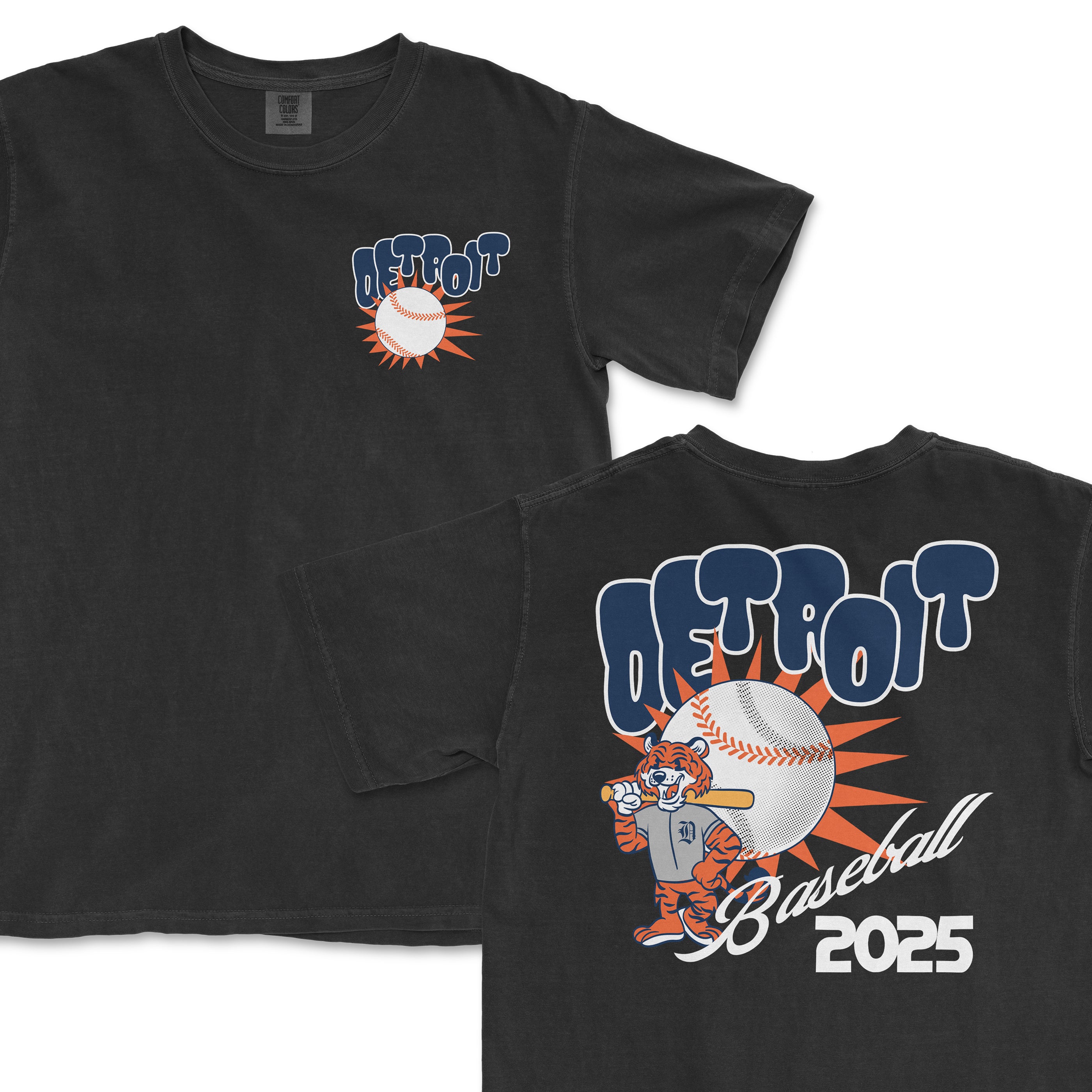 Black Comfort Colors T-shirt featuring "Detroit Baseball 2025" text, a lion mascot, and a baseball graphic design.